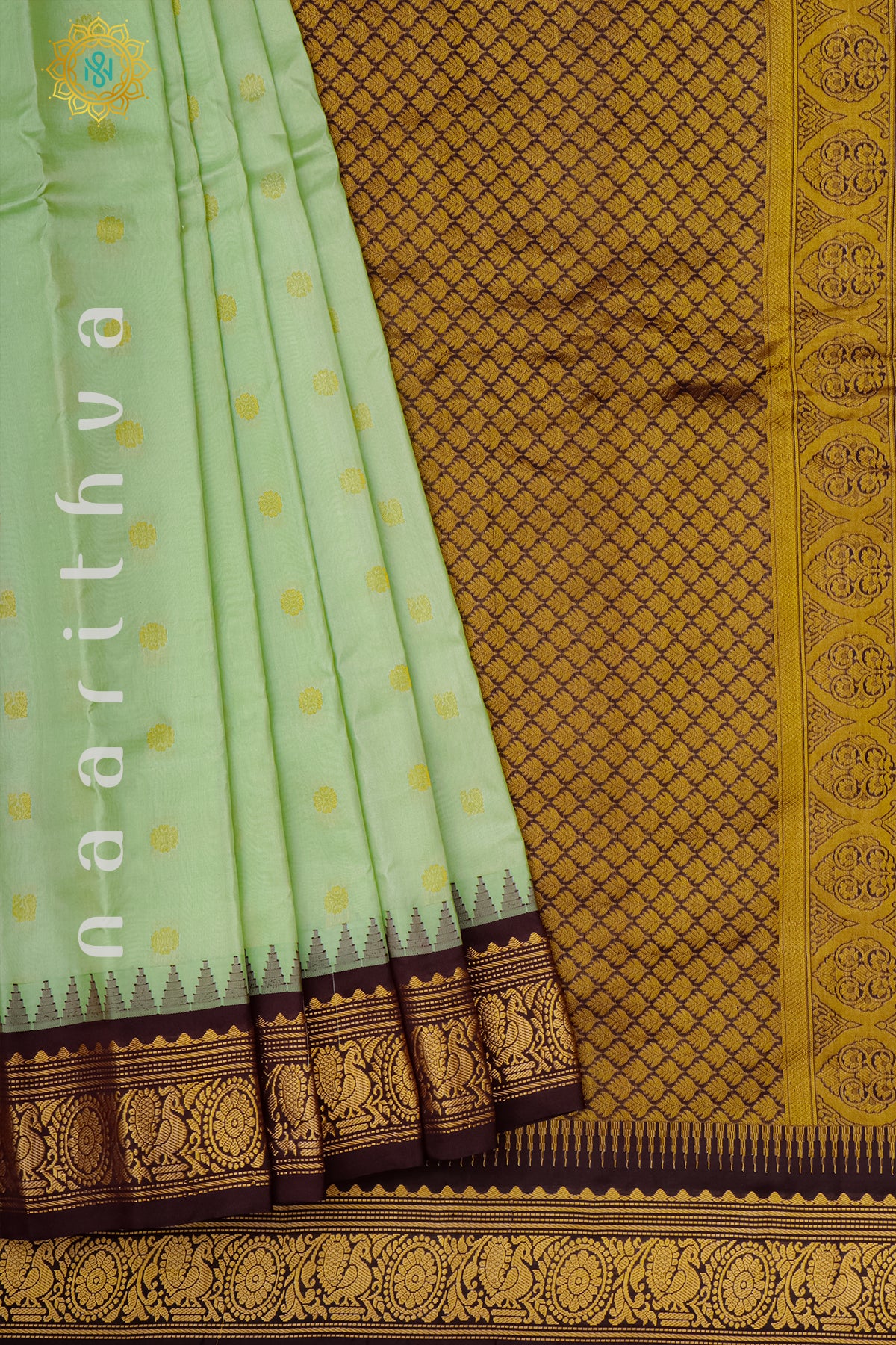 PISTA GREEN WITH BROWN - PURE GADWAL SILK