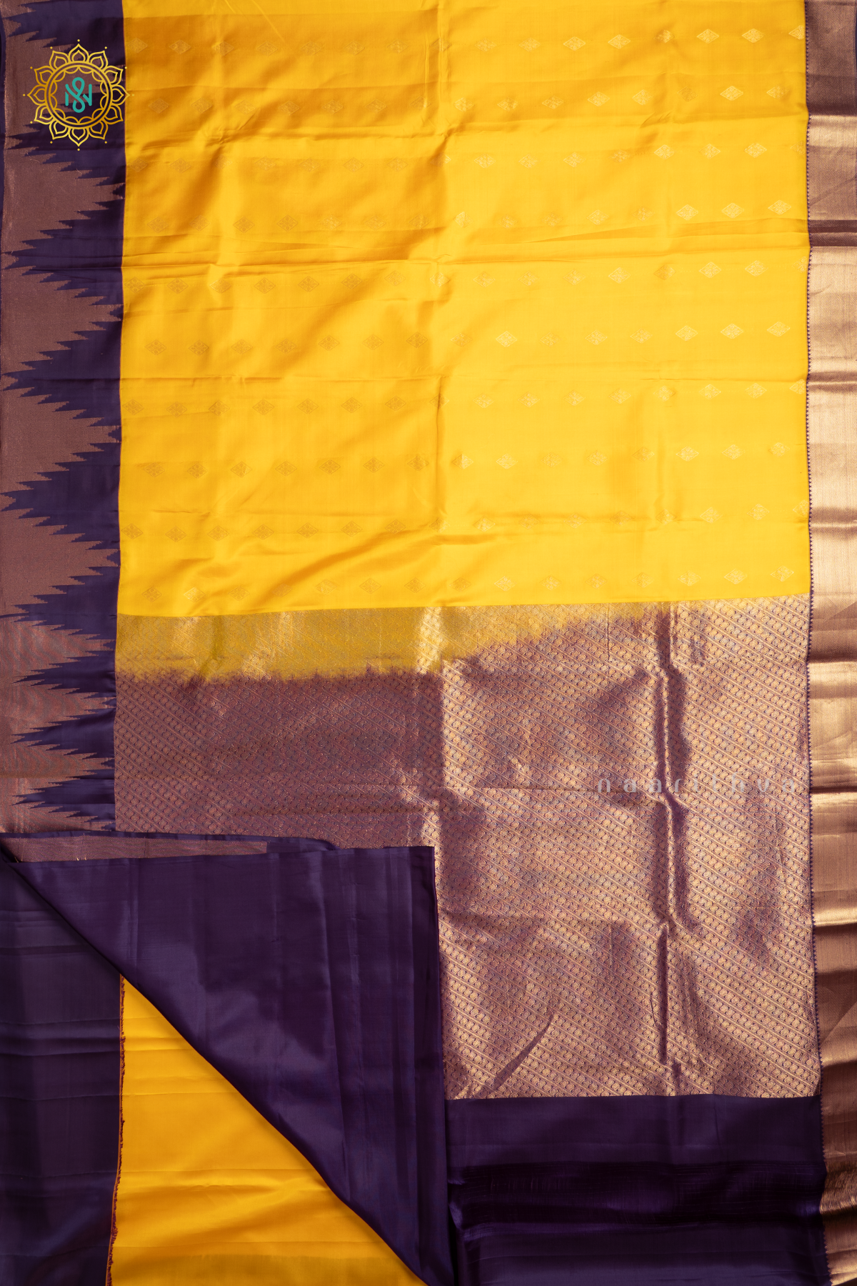 Yellow with Purple Pure Kanjivaram Silk Saree with Zari Woven Buttas and Contrast Temple Zari Border