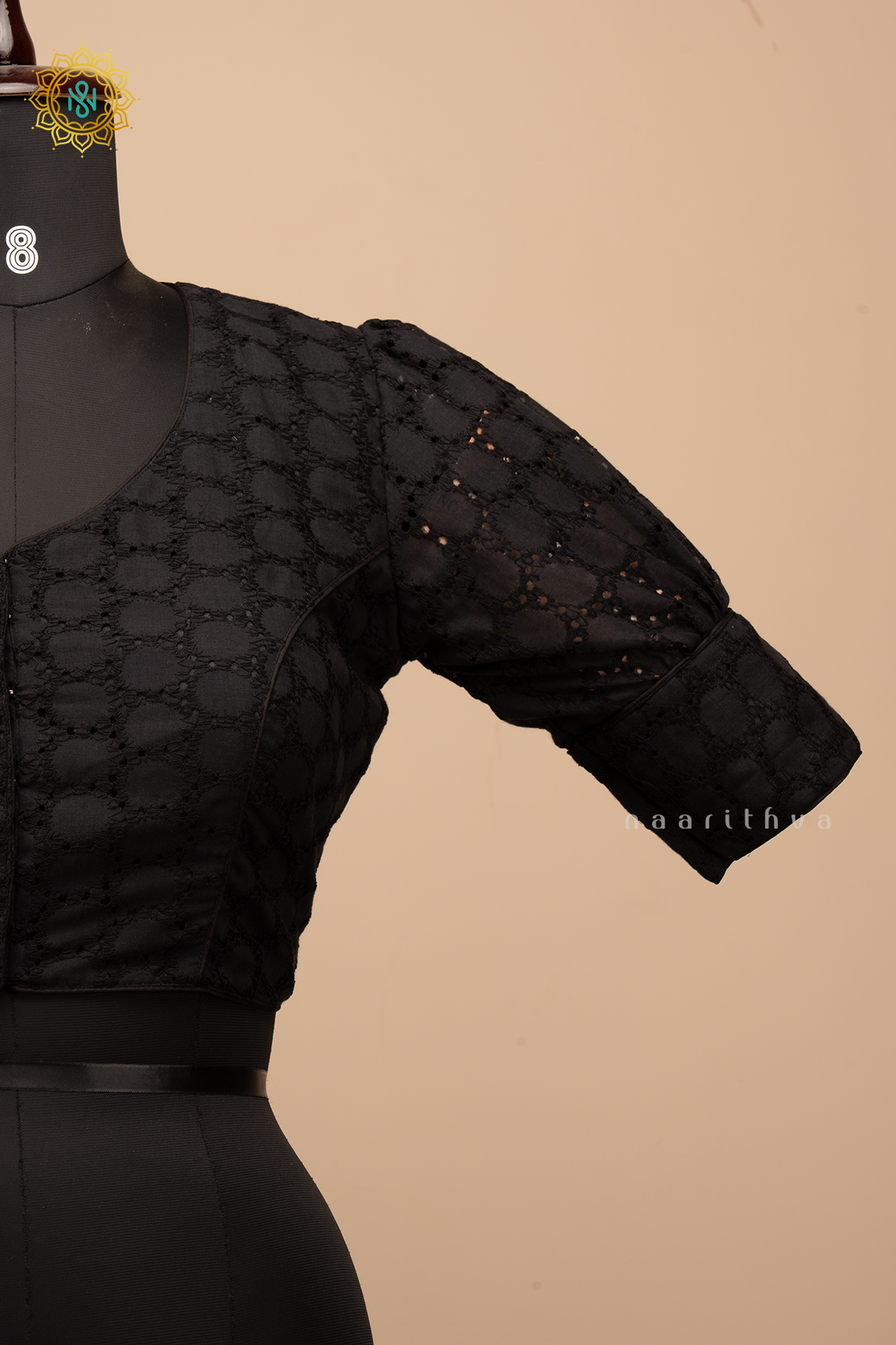 Black - Cotton readymade blouse with hakoba work and puff sleeves