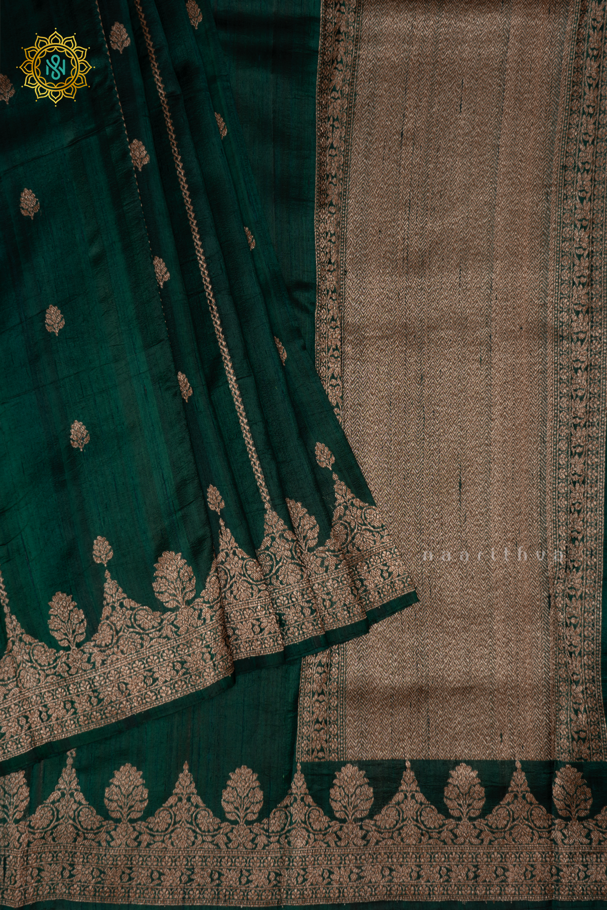 BOTTLE GREEN - PURE BANARASI RAW SILK SAREE WITH ALLOVER ZARI WOVEN BUTTAS AND SCALLOP BORDER