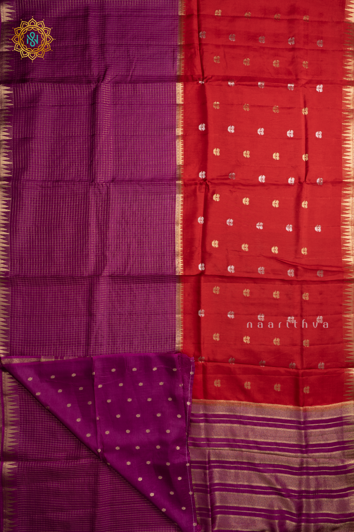Red With Magenta Semi Crepe Silk Saree With Zari Checks & Buttas On The Body With Half & Half Pattern