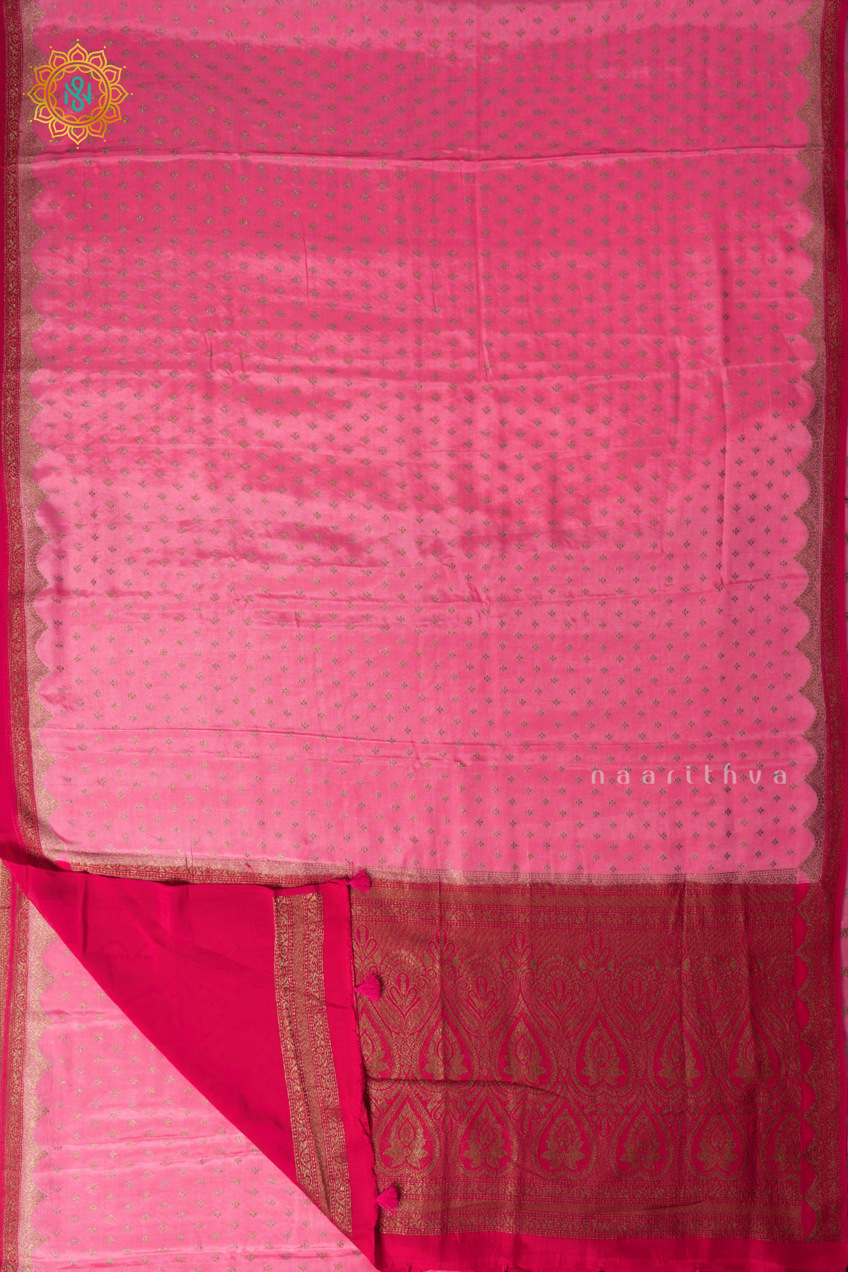 Light Pink with Rani Pink Semi Crepe Silk with Allover Woven Buttas and Contrast Scallop Zari Border,Pallu and Blouse