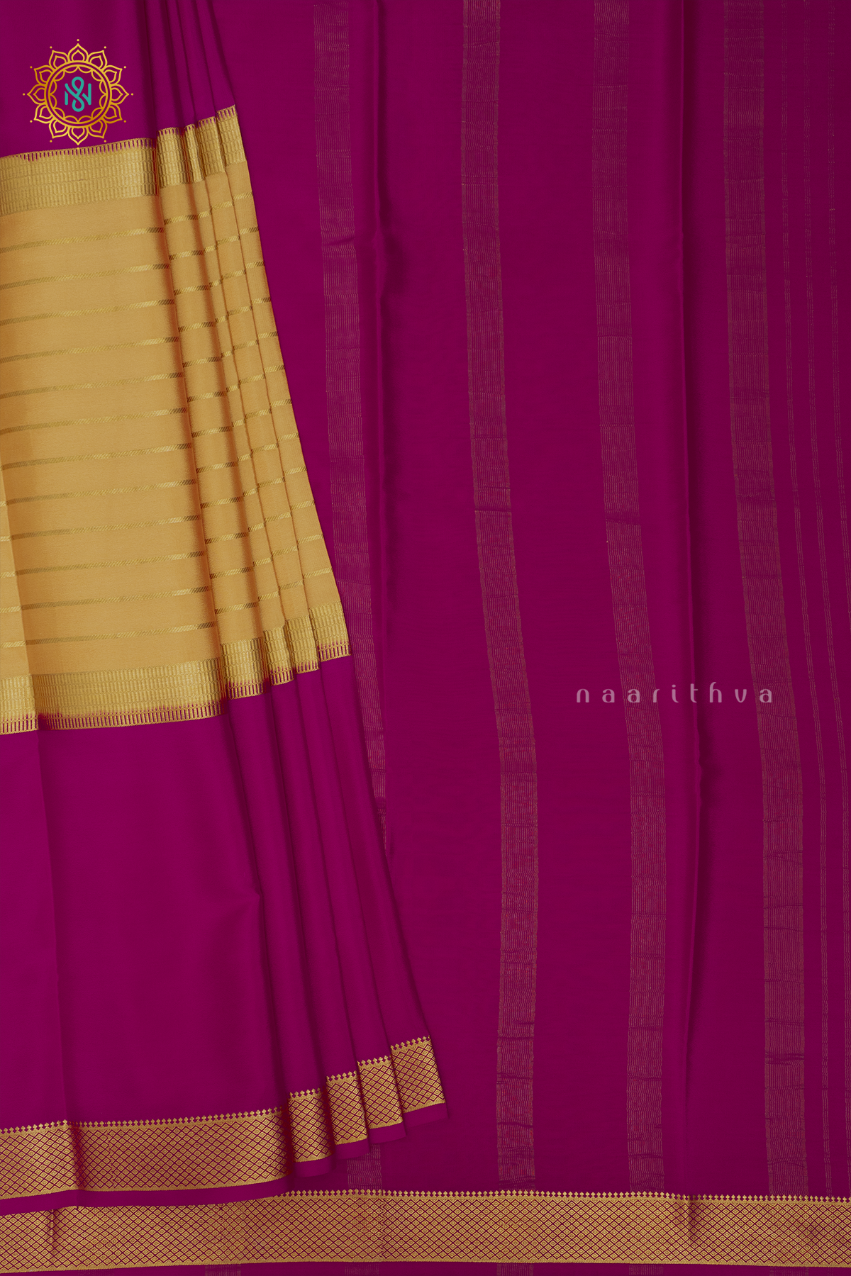CREAM WITH PINK - PURE MYSORE CREPE SILK
