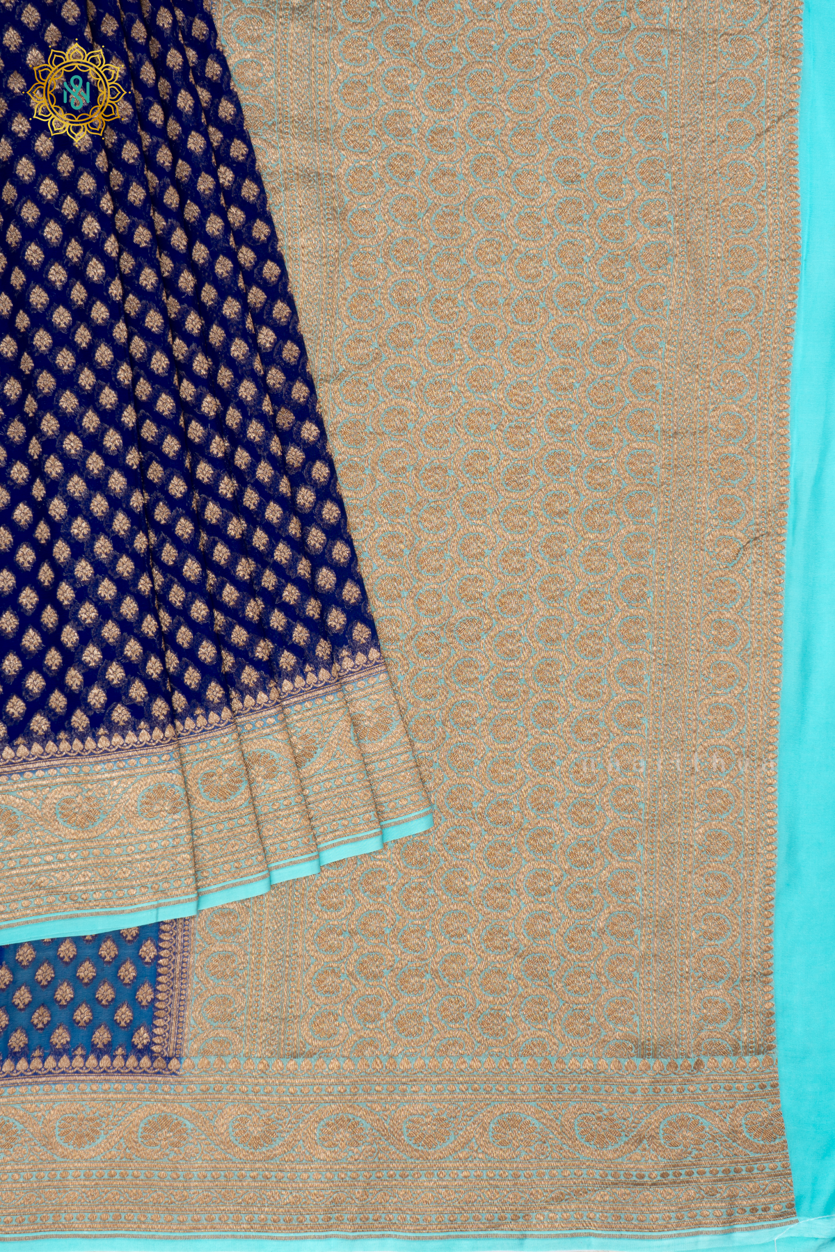 Royal Blue With Sky Blue Pure Banarasi Khaddi Georgette Saree Allover Zari Woven Buttas And Contrast Zari Woven Border