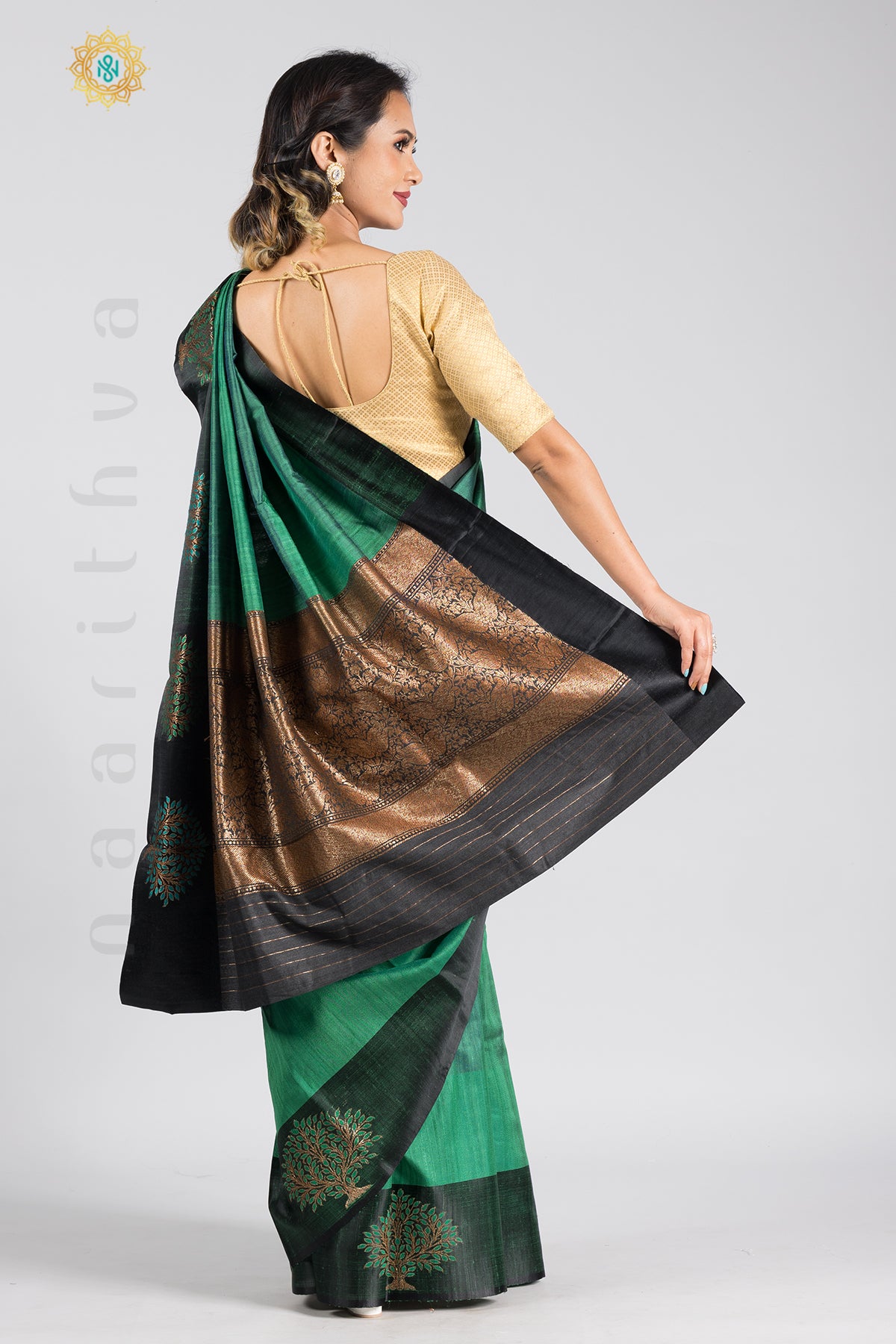 GREEN WITH BLACK - PURE TUSSAR SILK WITH THREAD WOVEN MOTIFS IN SATIN BORDER & ZARI WOVEN PALLU