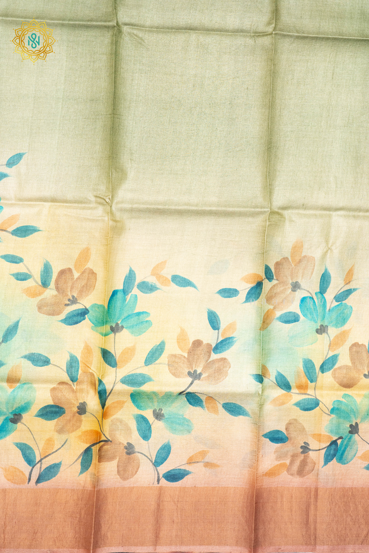 SAGE GREEN WITH PEACH - PURE TUSSAR SILK WITH HAND PAINTED