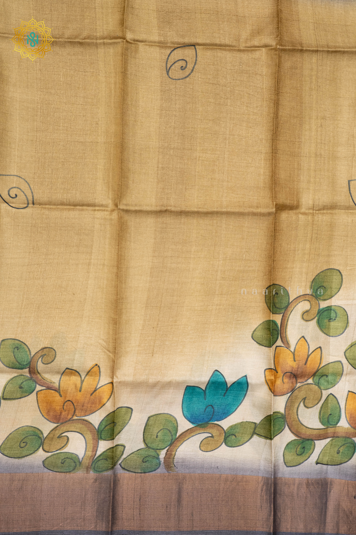 OLIVE GREEN WITH GREY - PURE TUSSAR SILK WITH HAND PAINTED