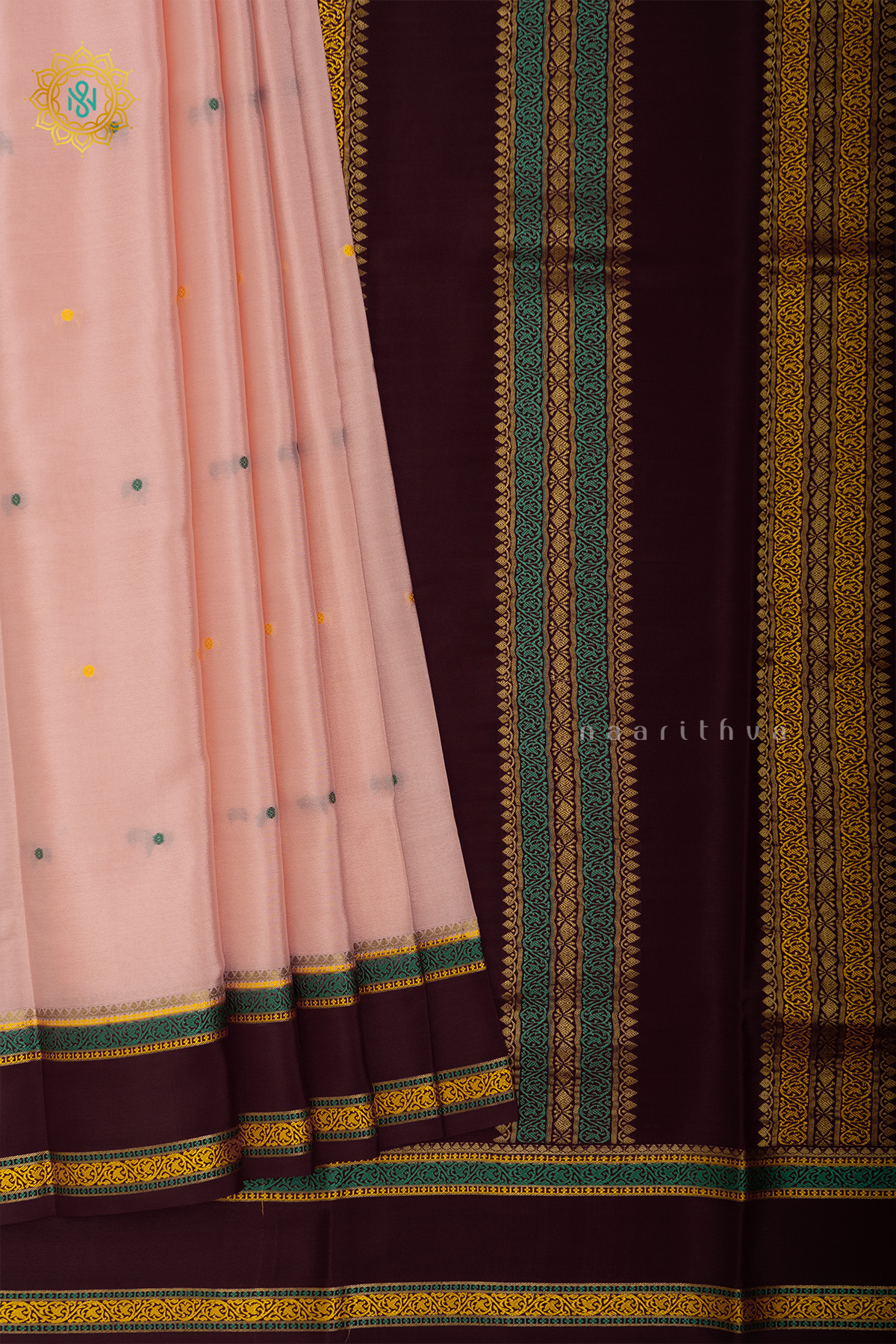 PEACH WITH BROWN - PURE MYSORE CREPE SILK