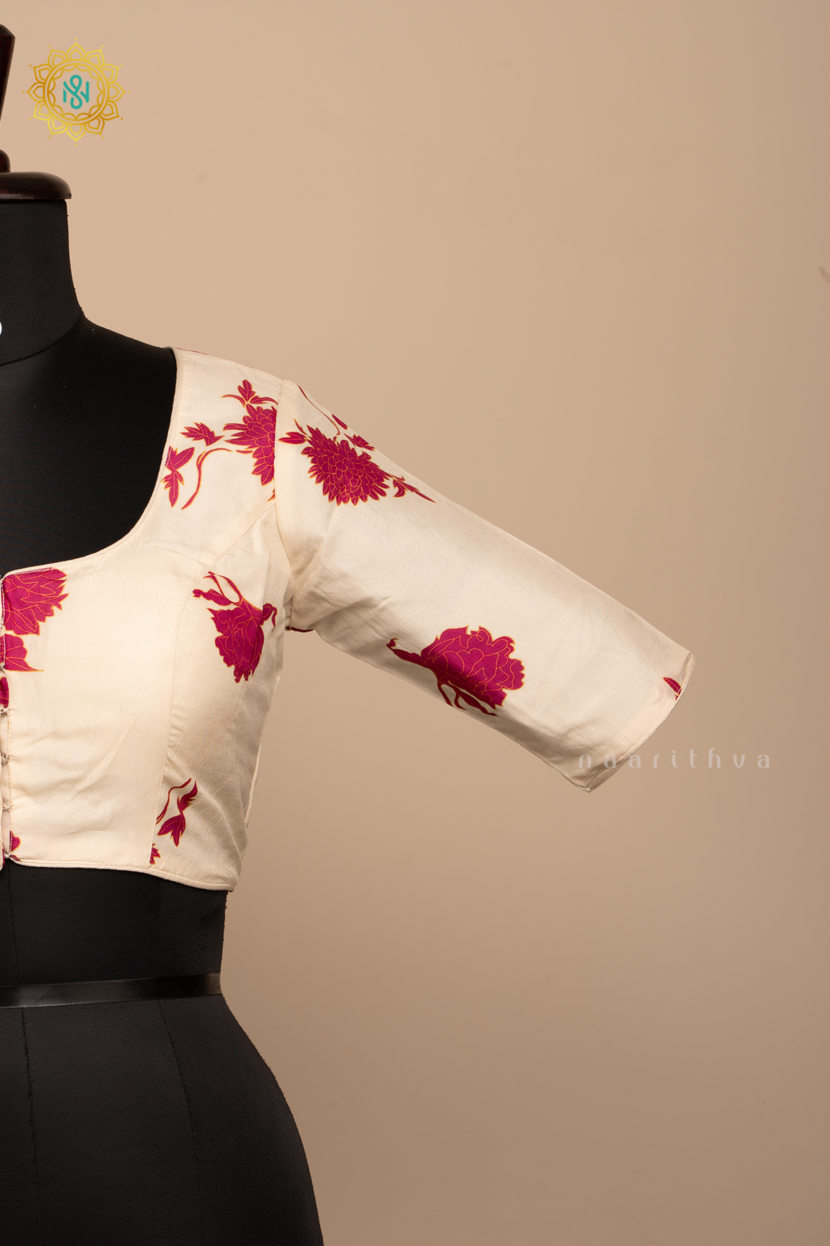 OFF WHITE WITH PINK - DOLA SILK READYMADE BLOUSE WITH FLORAL PRINTS