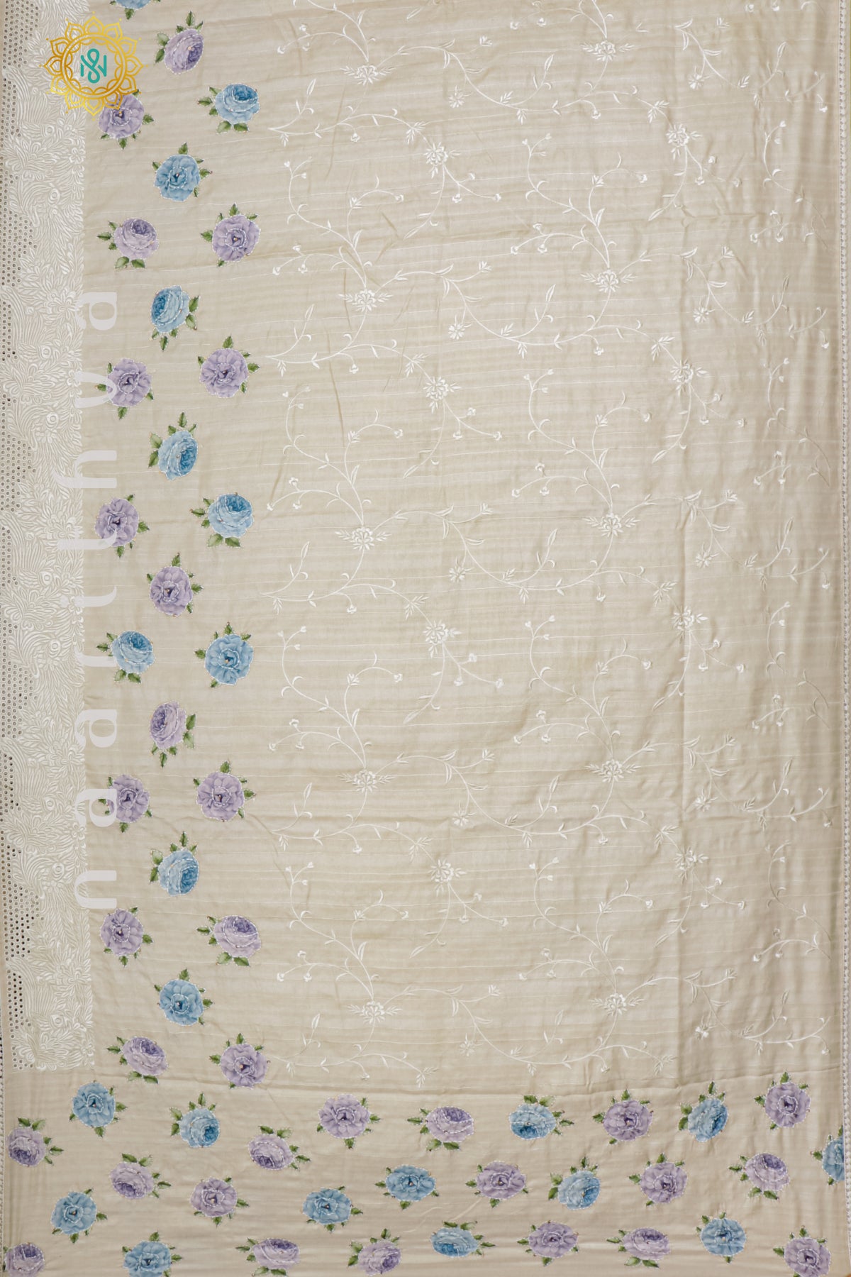 OFF WHITE WITH BLUE - TUSSAR SILK WITH KATHA WORK