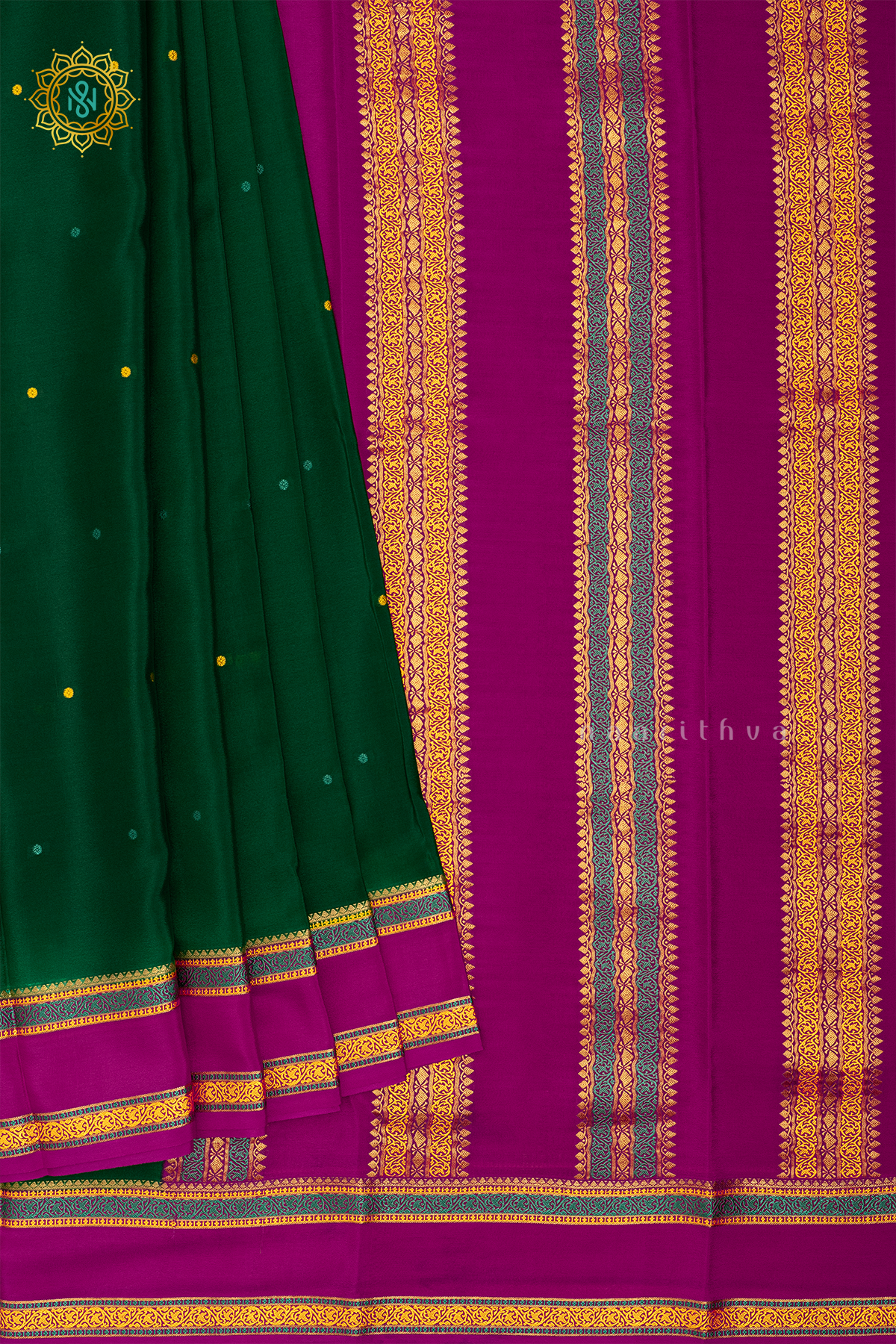 BOTTLE GREEN WITH PINK - PURE MYSORE CREPE SILK