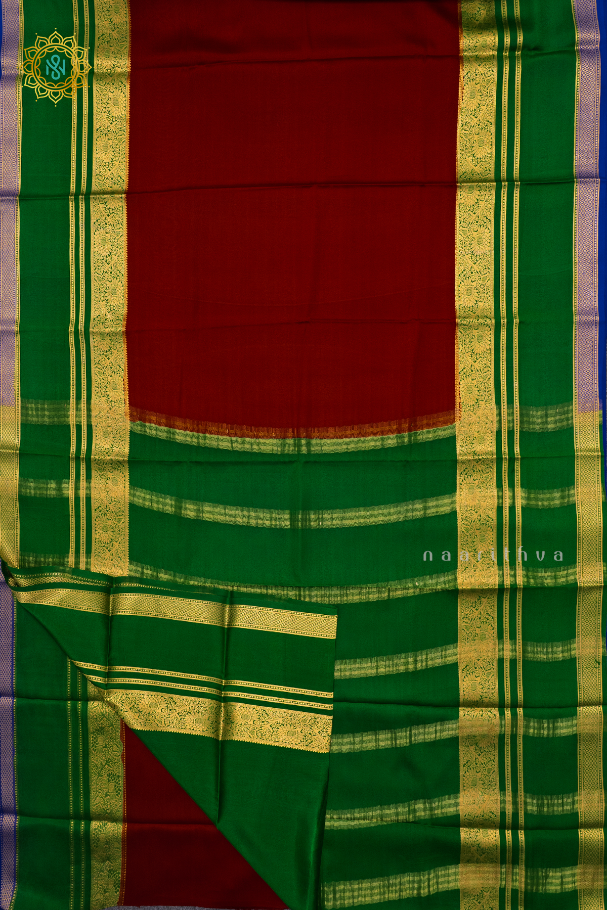 MAROON WITH GREEN & BLUE - PURE MYSORE CREPE SILK