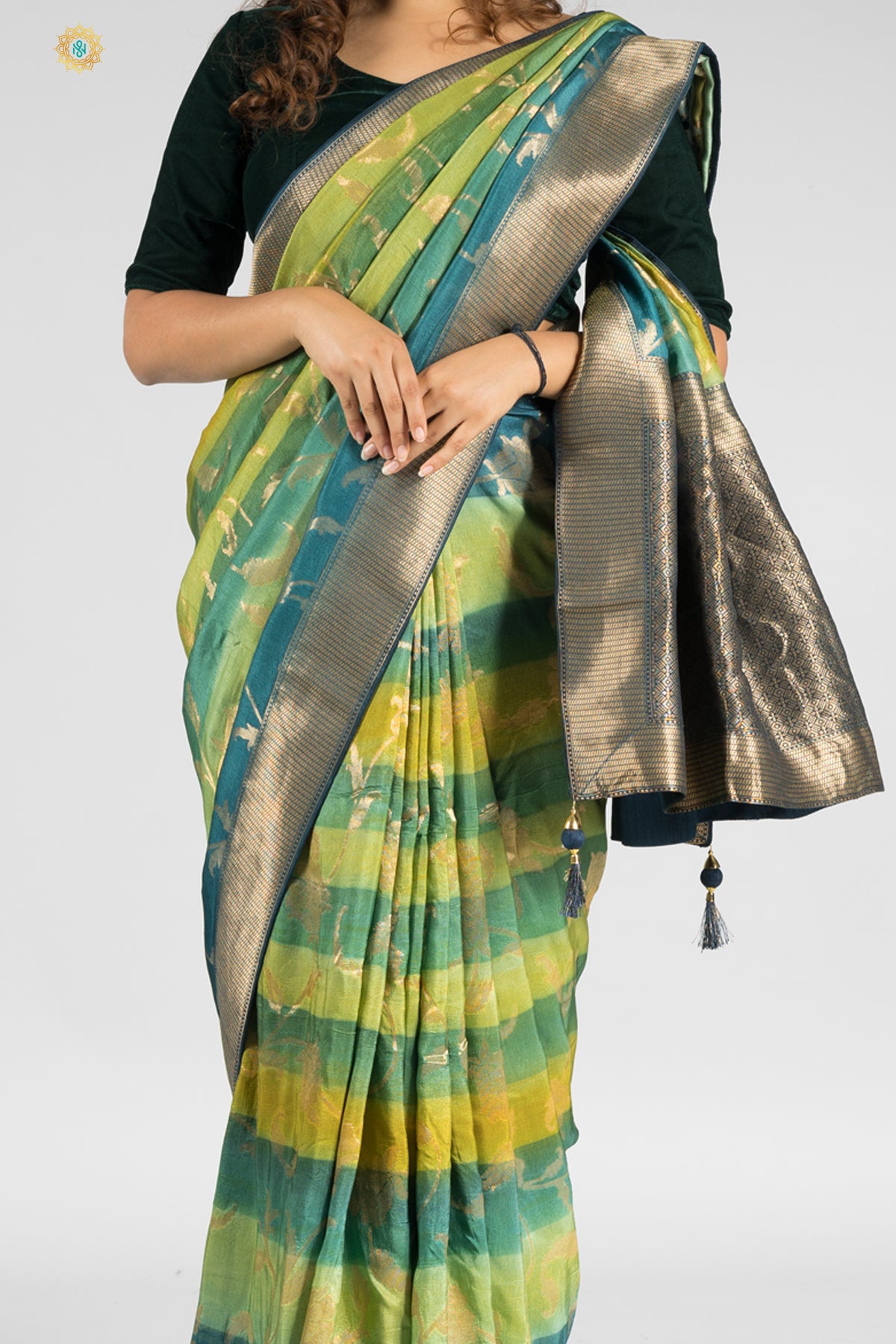 GREEN WITH BLUE - DESIGNER DOLA SILK WITH ZARI WEAVES & CONTRAST BLOUSE