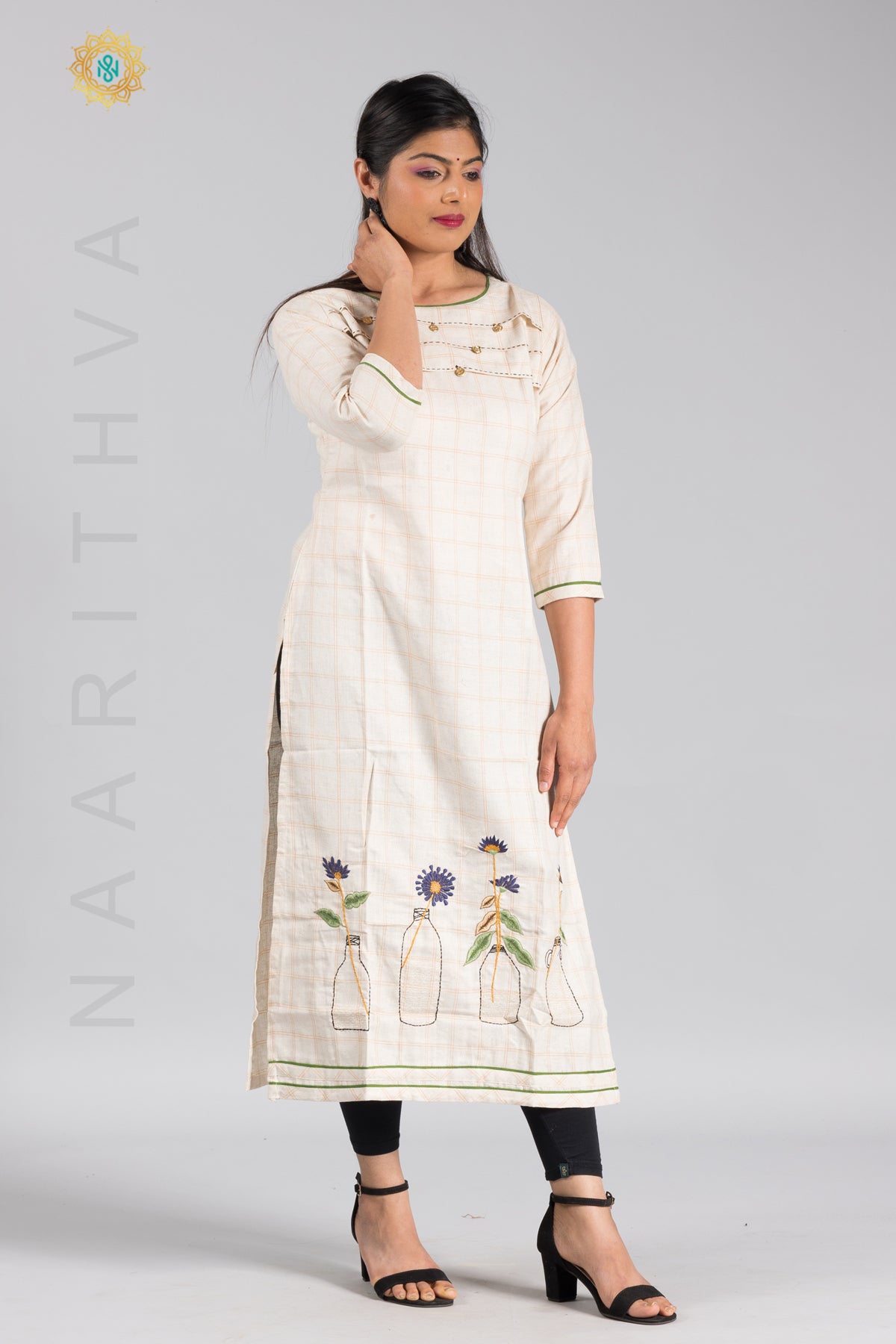OFF WHITE - COTTON STRAIGHT CUT CASUAL KURTI WITH THREAD EMBROIDERY