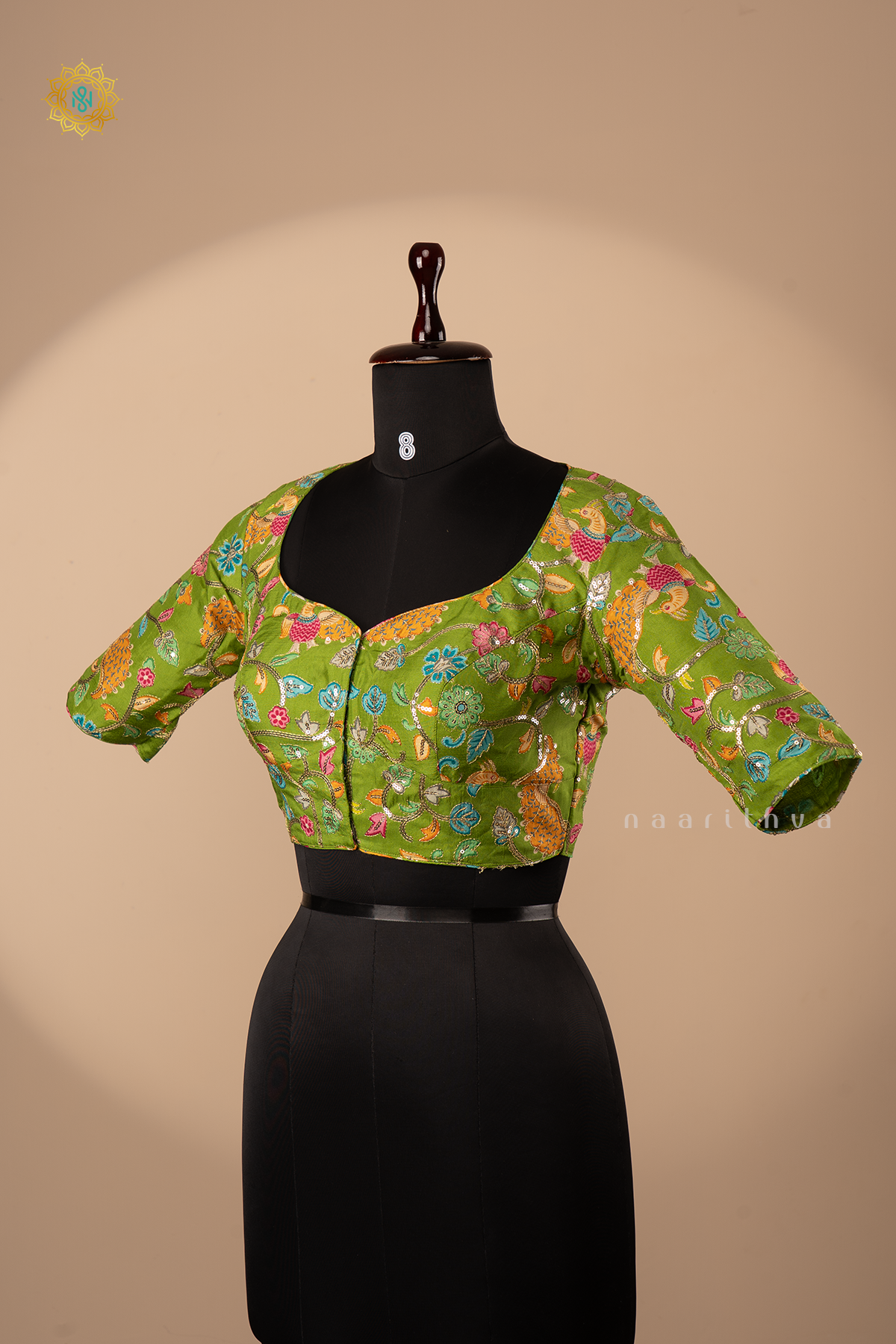 PARROT GREEN - DOLA SILK READYMADE BLOUSE WITH POSITION PRINTS & AARI WORK