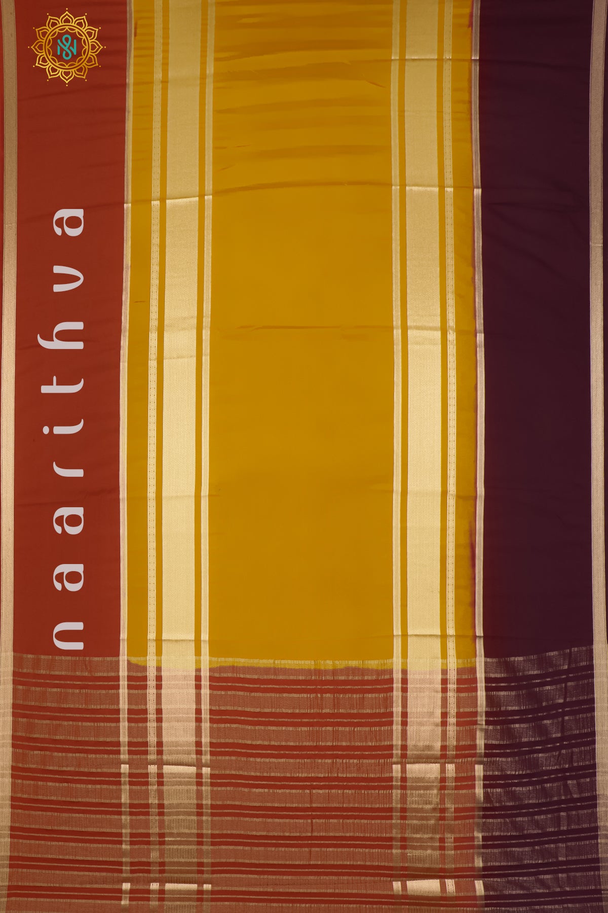 YELLOW WITH RED & BROWN - SEMI MYSORE CREPE SILK