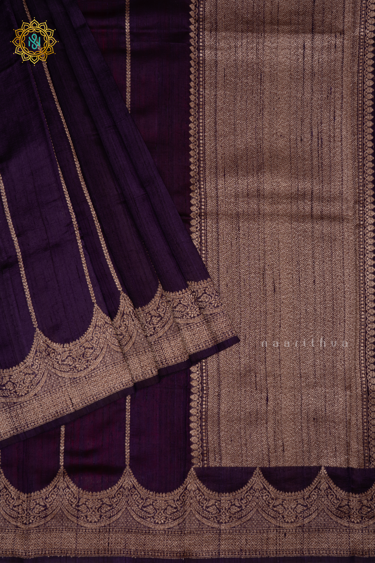 DEEP PURPLE - PURE BANARASI RAW SILK SAREE WITH ALLOVER  ZARI STRIPES AND SCALLOP BORDER