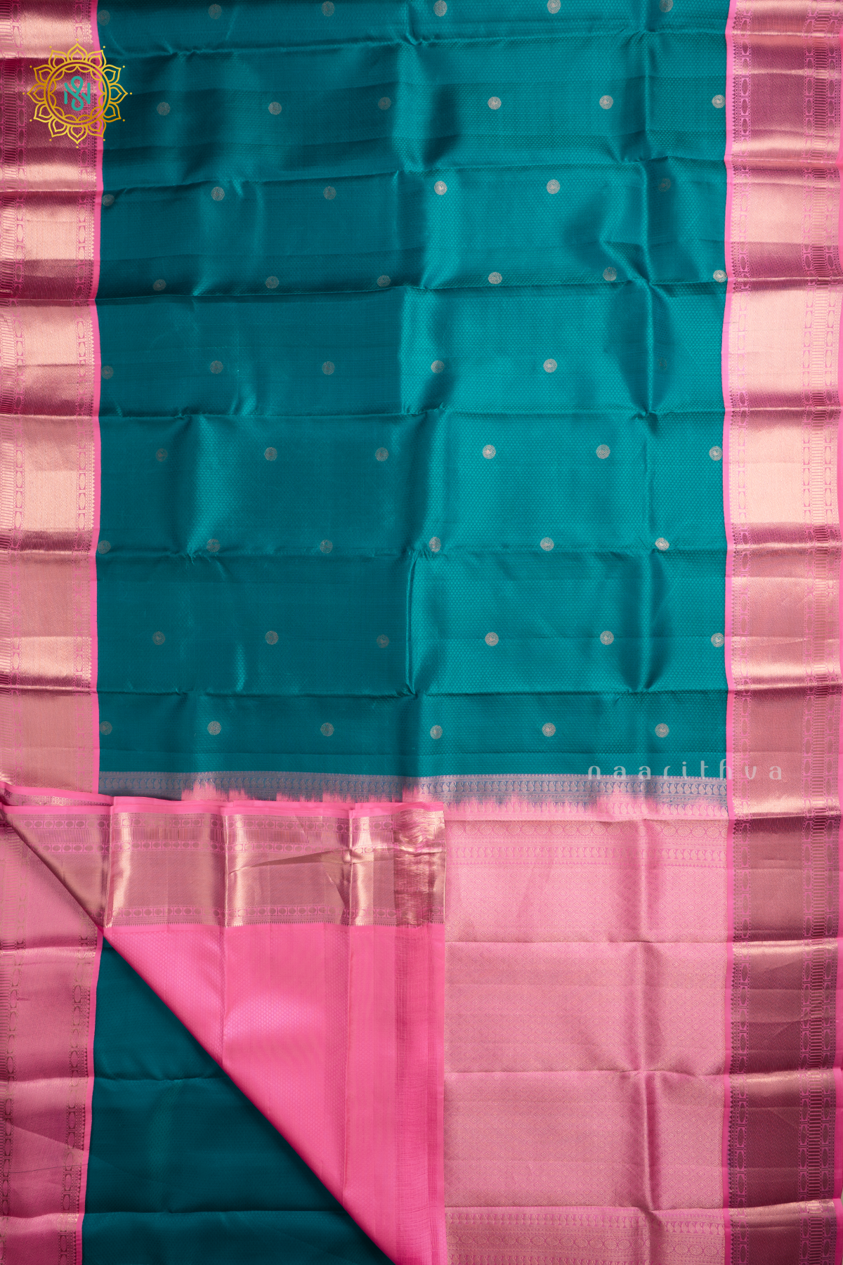 Teal Blue with Light Pink Pure Kanjivaram Silk Saree with Zari Woven Buttas and Contrast Zari Border