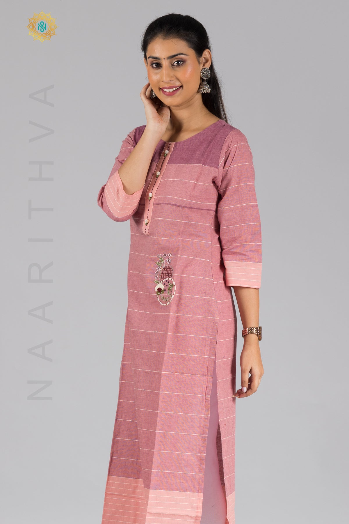 PEACH - COTTON STRAIGHT CUT CASUAL KURTI WITH THREAD EMBROIDERY