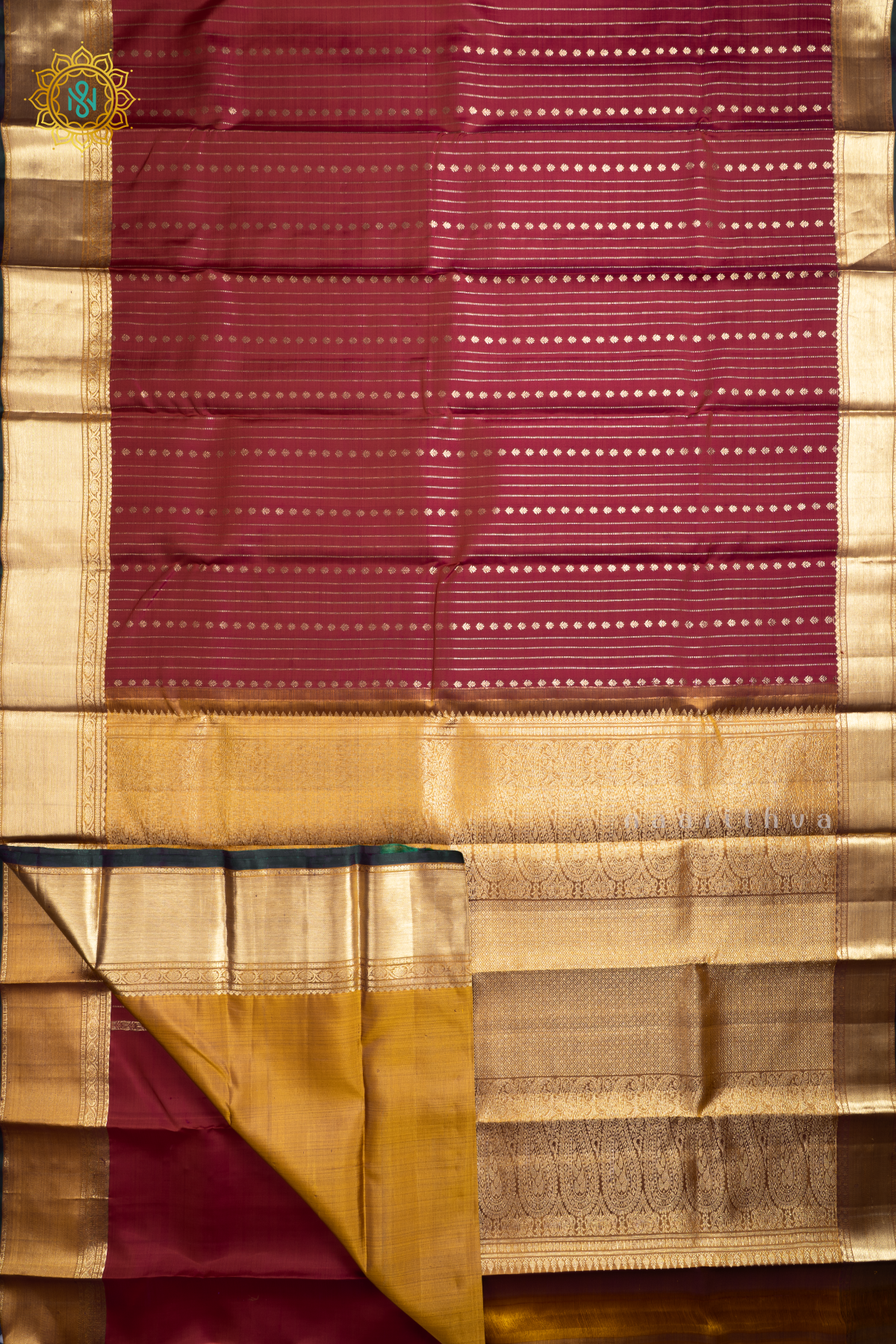 Red With Mustard Pure Kanjivaram Silk Saree Zari Stripes & Buttas On The Body With Contrast Zari Border & Pallu