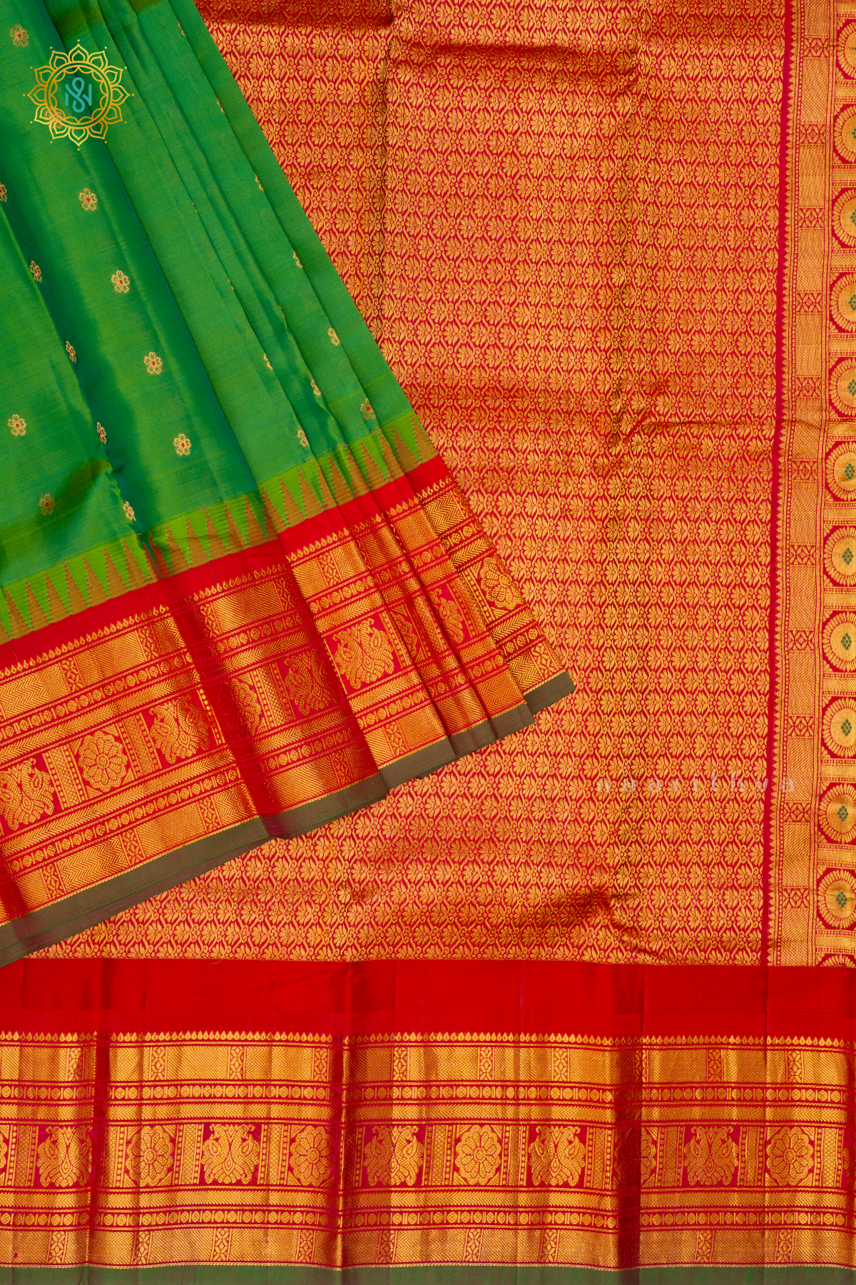 Parrot Green With Red Pure Gadwal Silk Saree With Zari Woven Buttas And Contrast Zari Border
