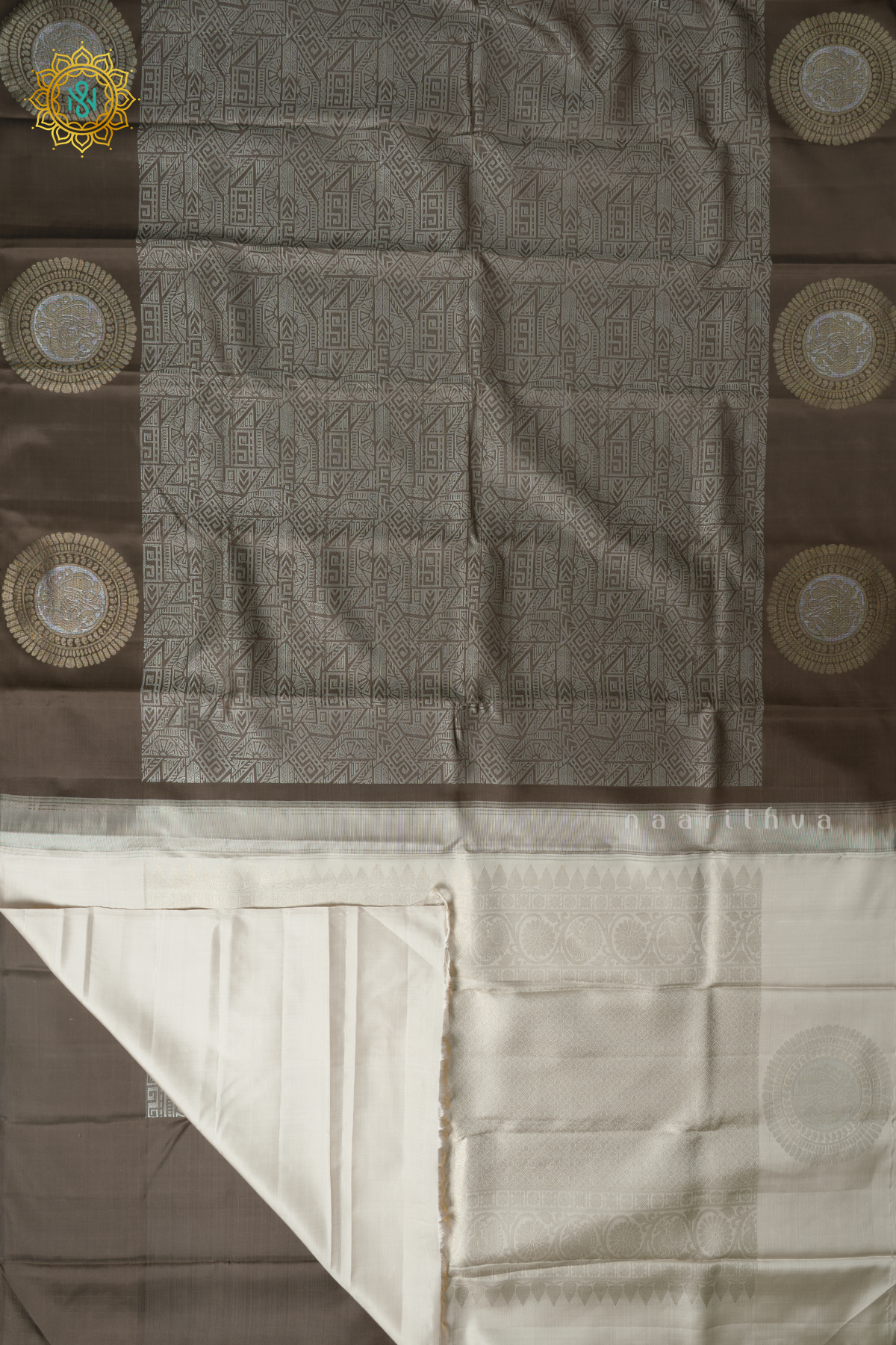 Brown Pure Kanjivaram Silk Saree With Brocade Body With Zari Buttas On The Border With Pallu & Blouse