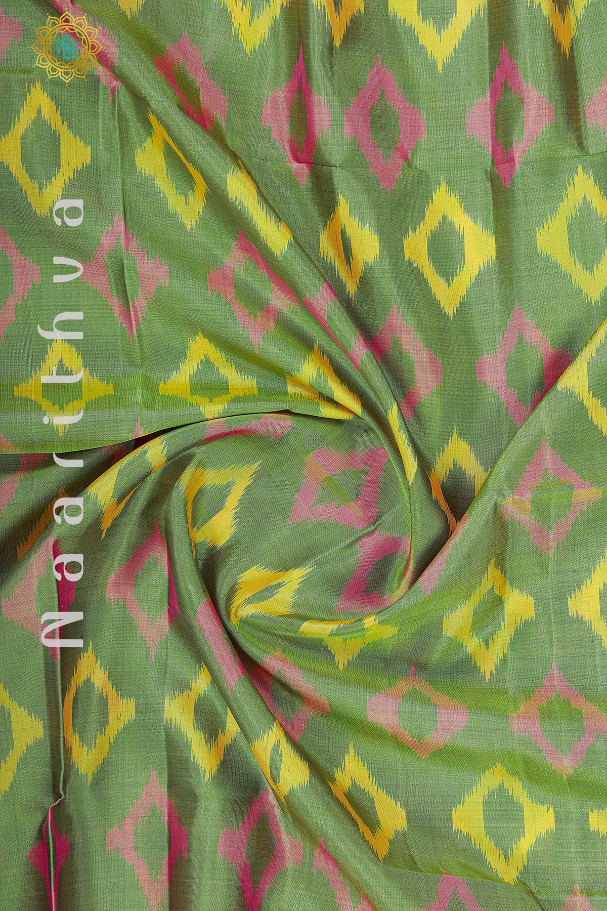 GREEN WITH PINK - PURE IKAT SOFT SILK