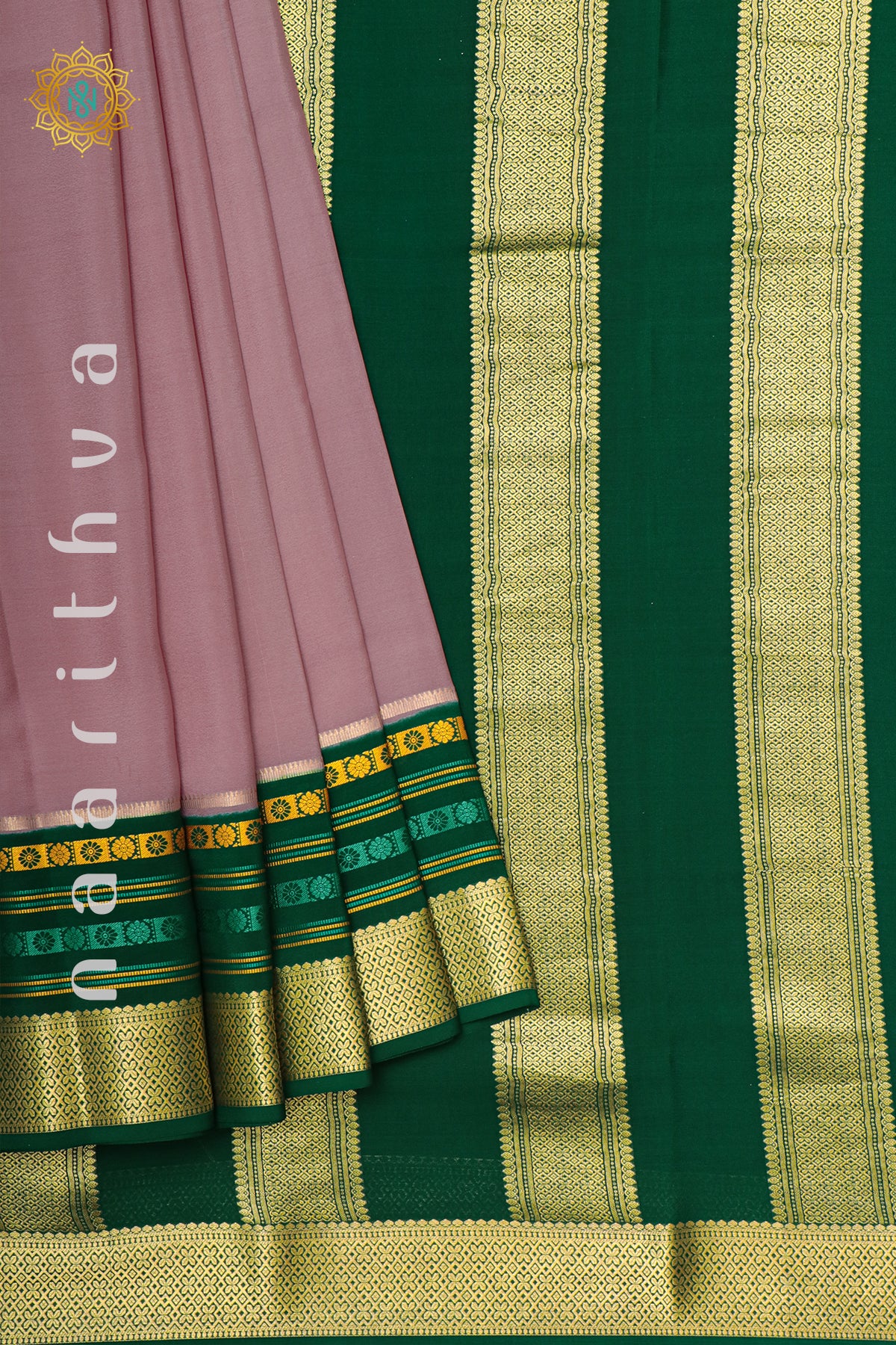 MAUVE WITH BOTTLE GREEN - PURE MYSORE CREPE SILK