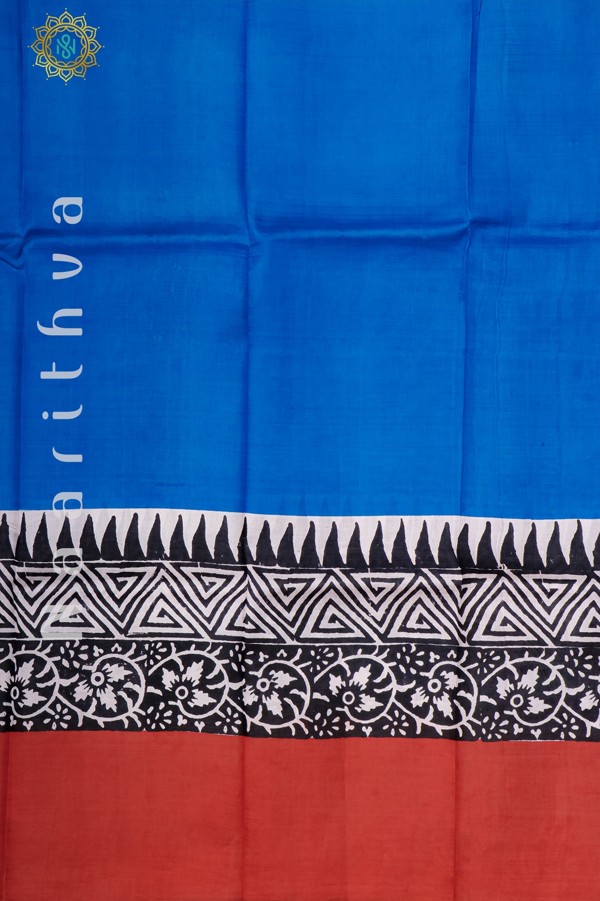BLUE WITH RED - PURE MULBERRY SILK WITH BLOCK PRINT