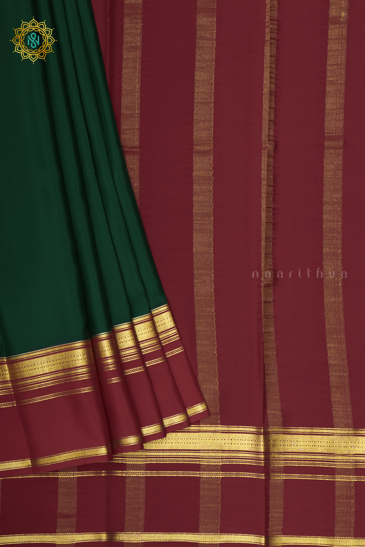 BOTTLE GREEN WITH MAROON - PURE MYSORE CREPE SILK