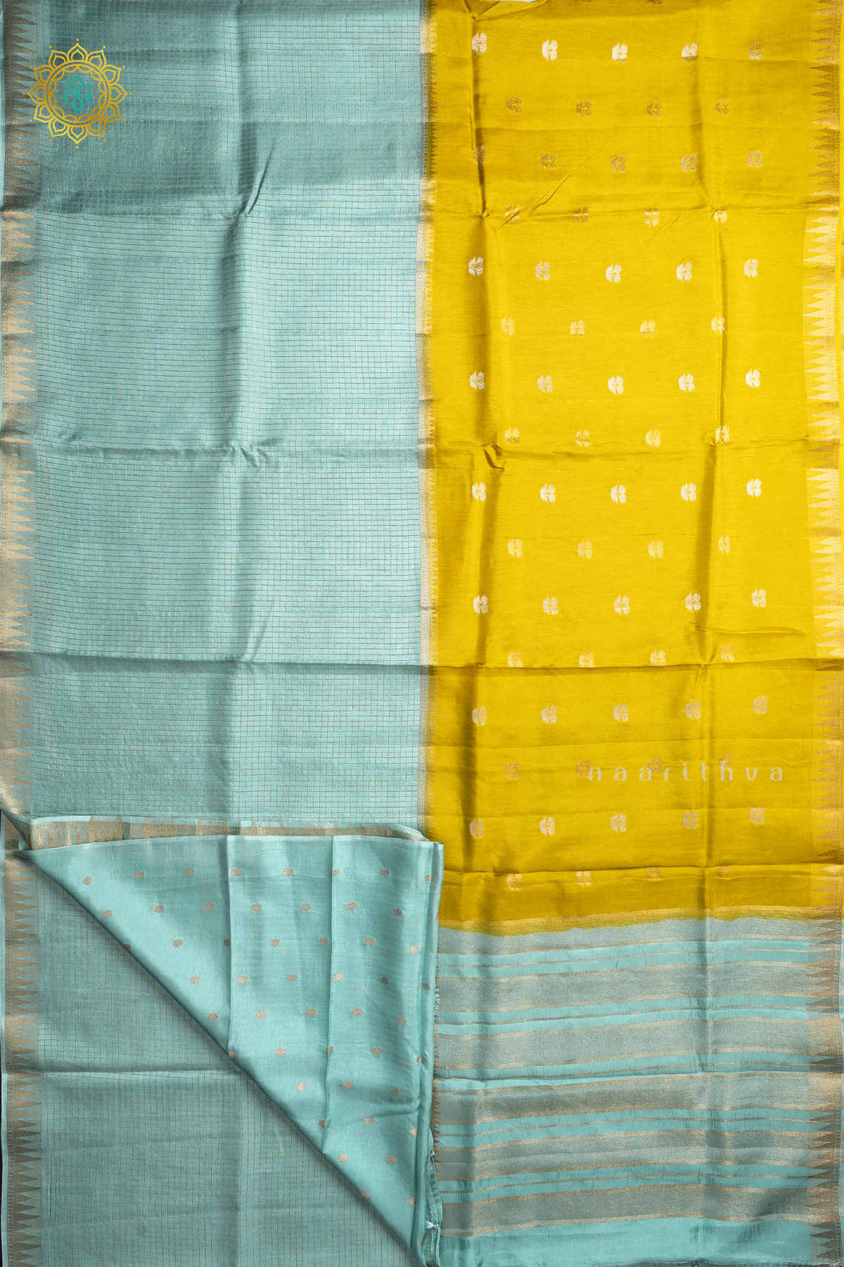 Lime Green With Aqua Blue Semi Crepe Silk Saree With Zari Checks & Buttas On The Body With Half & Half Pattern
