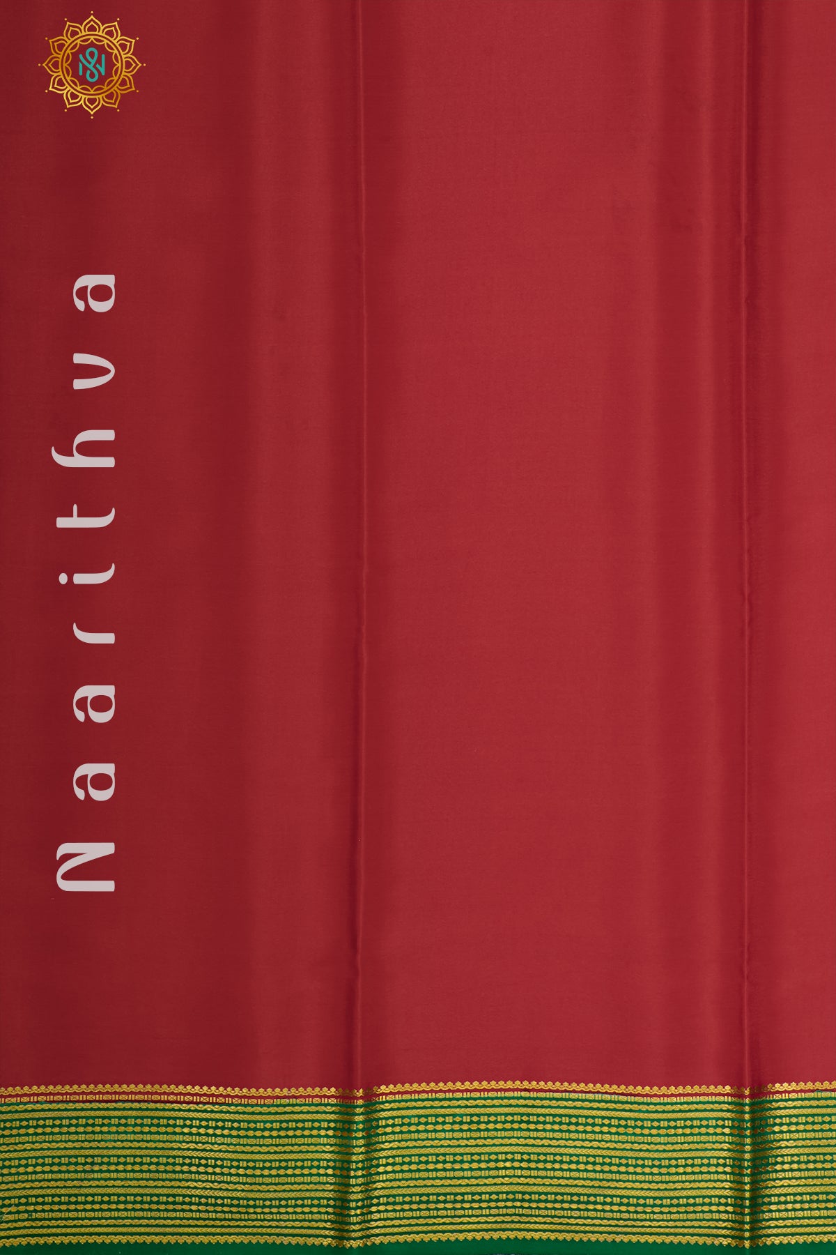 Red with Green Mysore Crepe Silk Allover Plain Body with Contrast Zari Border