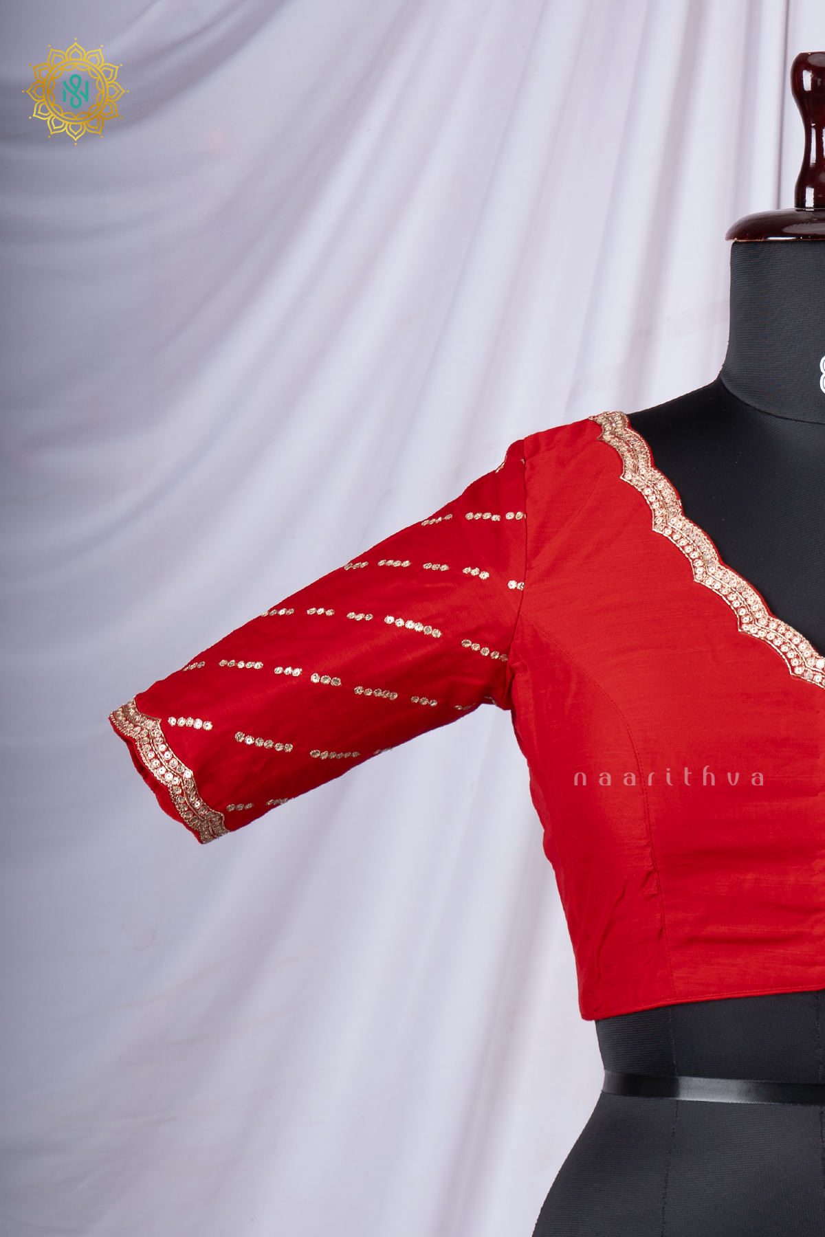 Red Cotton Silk Readymade Blouse with a Scalloped Neckline and Sequin Work
