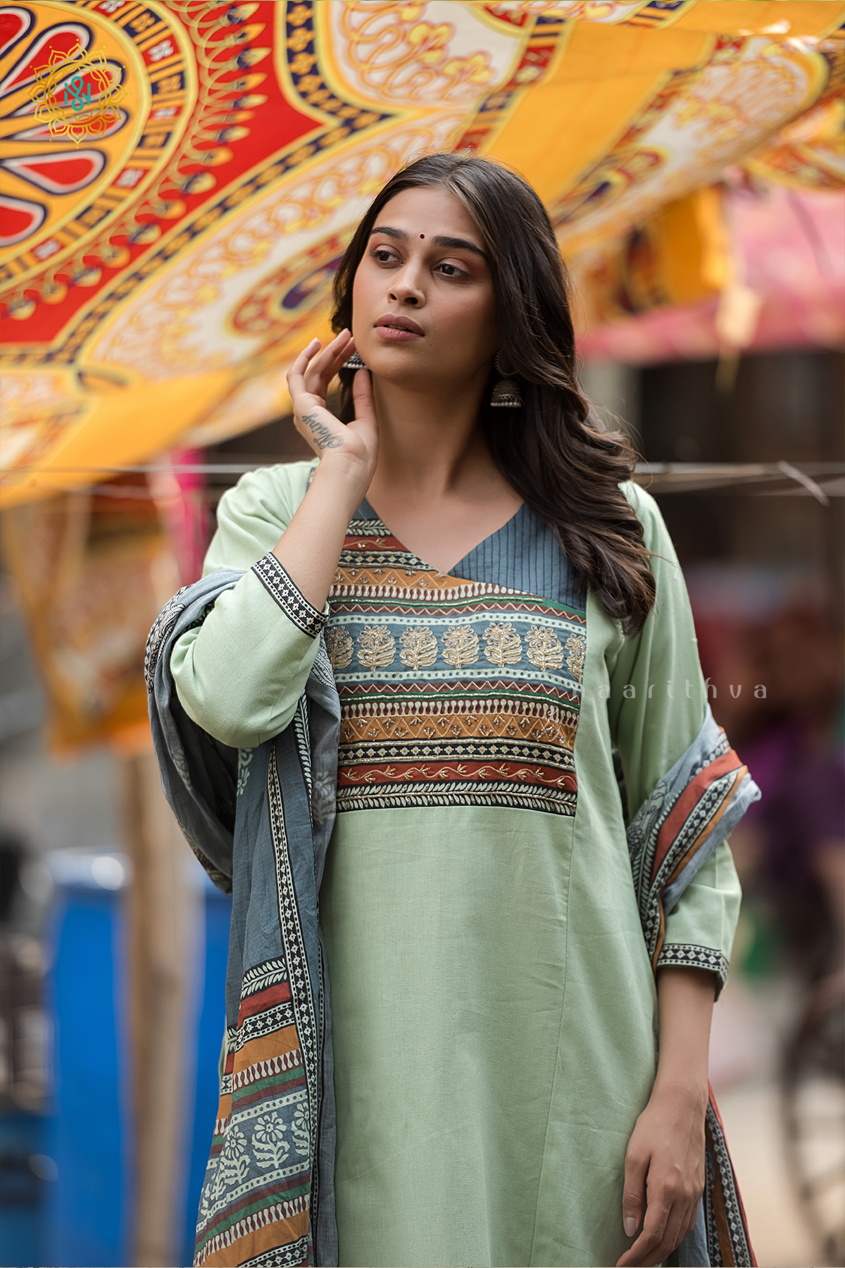 PISTA GREEN WITH BLUE - COTTON 3PC SALWAR SUIT WITH TOP, BOTTOM & DUPATTA