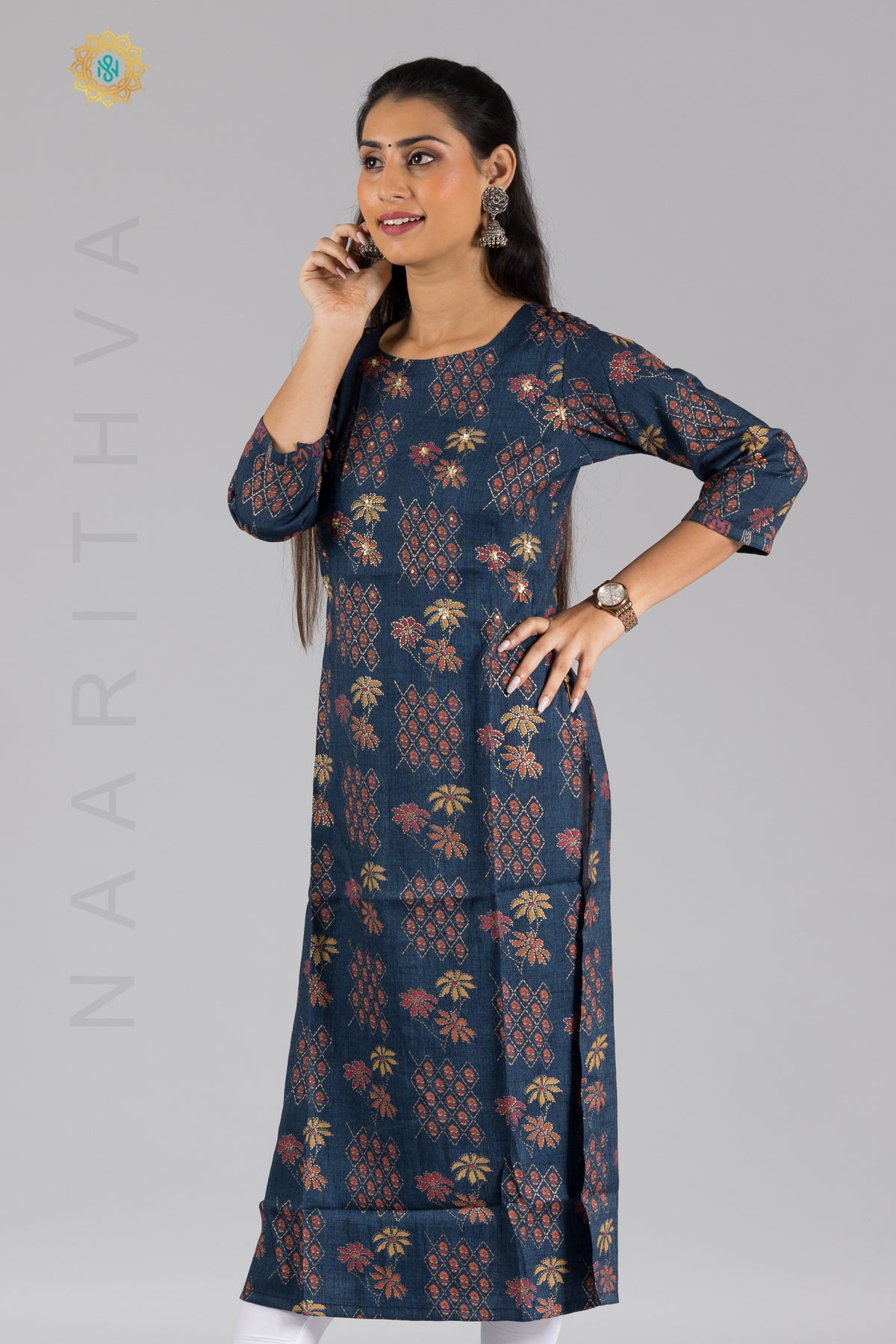 BLUE - RAYON SEQUINS WORK CASUAL KURTI WITHOUT PANT