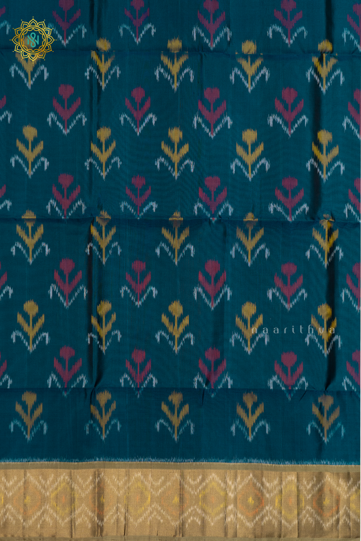PEACOCK BLUE WITH OLIVE GREEN - PURE KANJIVARAM IKAT SOFT SILK