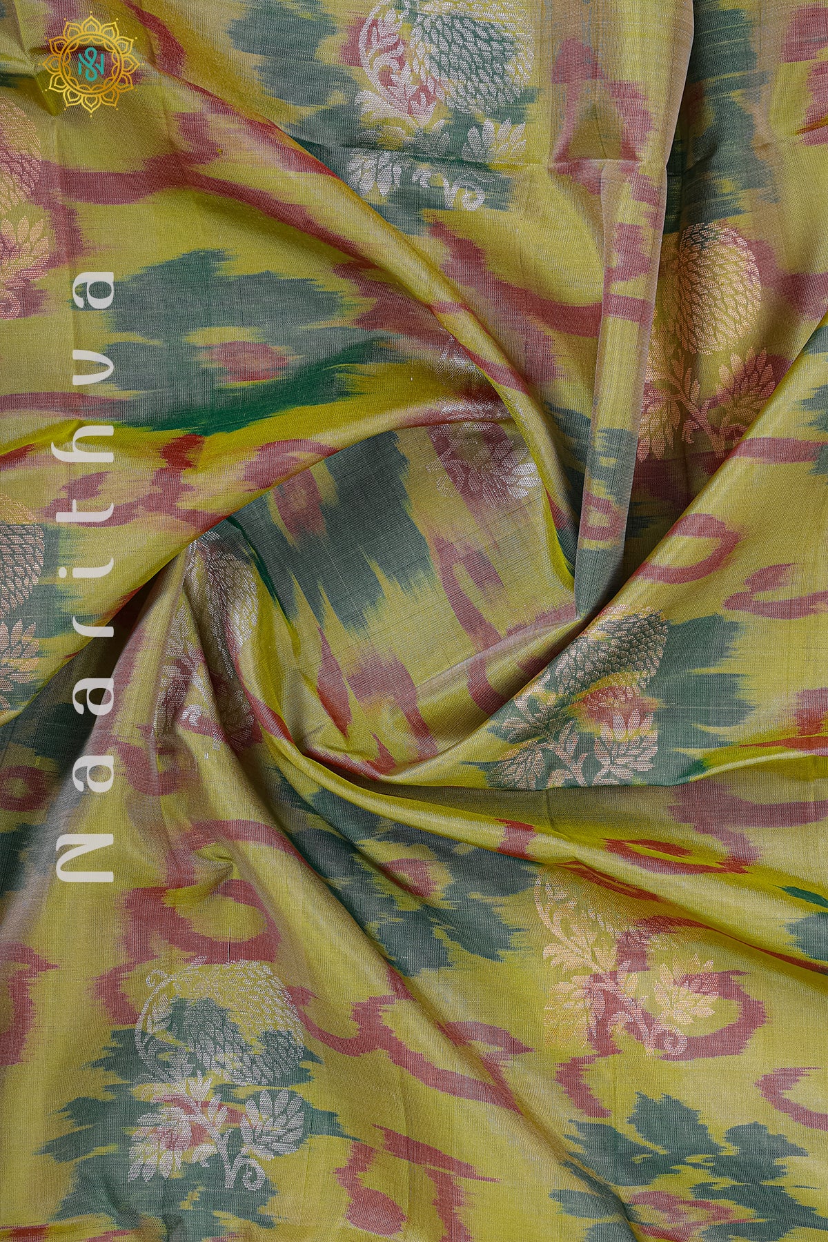 GREEN WITH LIGHT PINK - PURE IKAT SOFT SILK