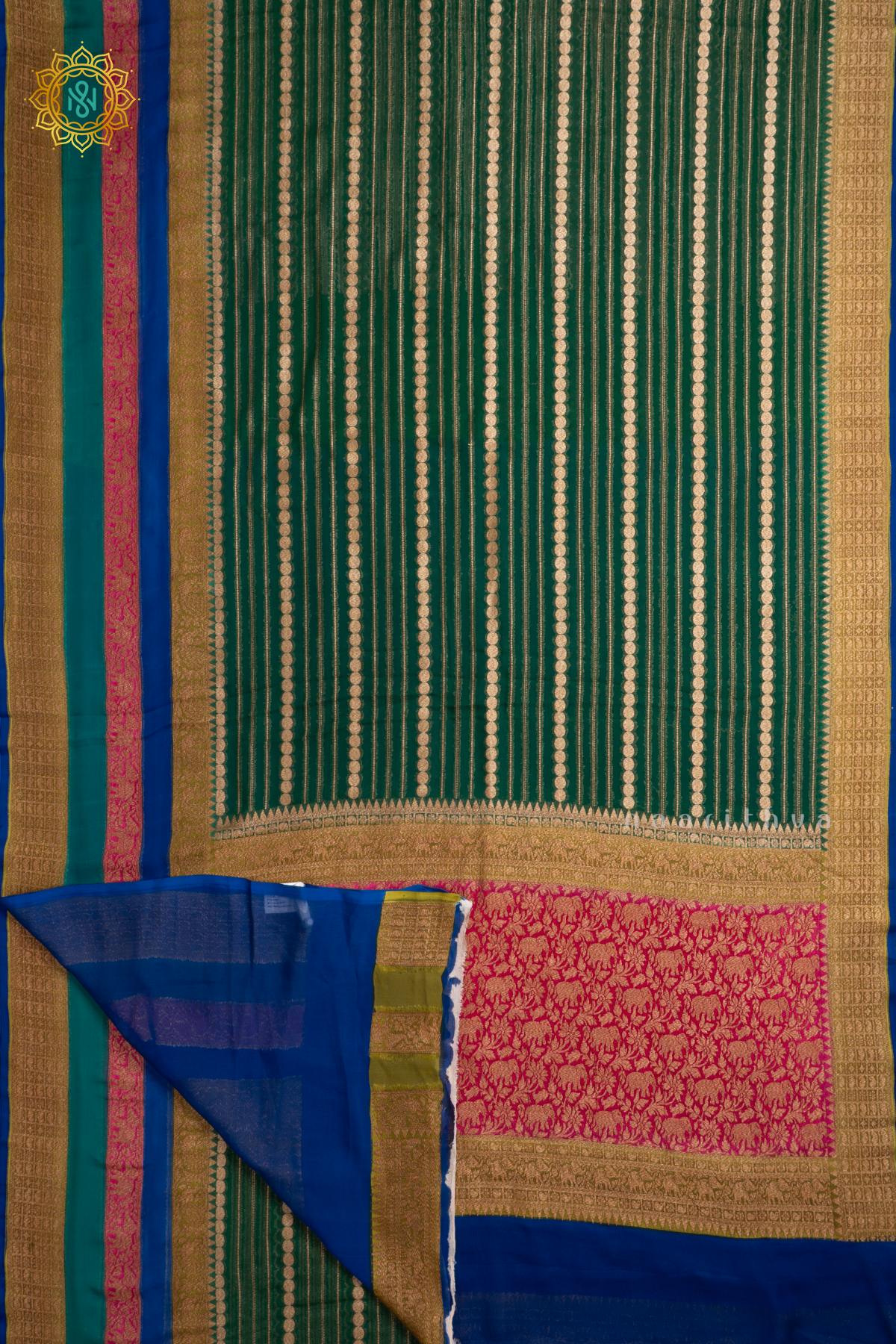 Green With Royal Blue & Pink, Aqua Green Pure Banarasi Khaddi Georgette Allover Antique Zari Stripes On The Body With Contrast Zari Border & Pallu In 4D Pattern