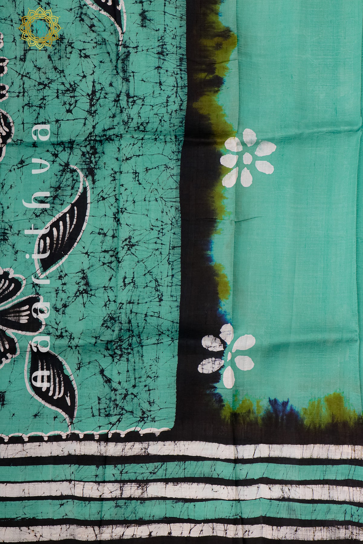 AQUA GREEN - PURE MULBERRY SILK WITH BLOCK PRINT