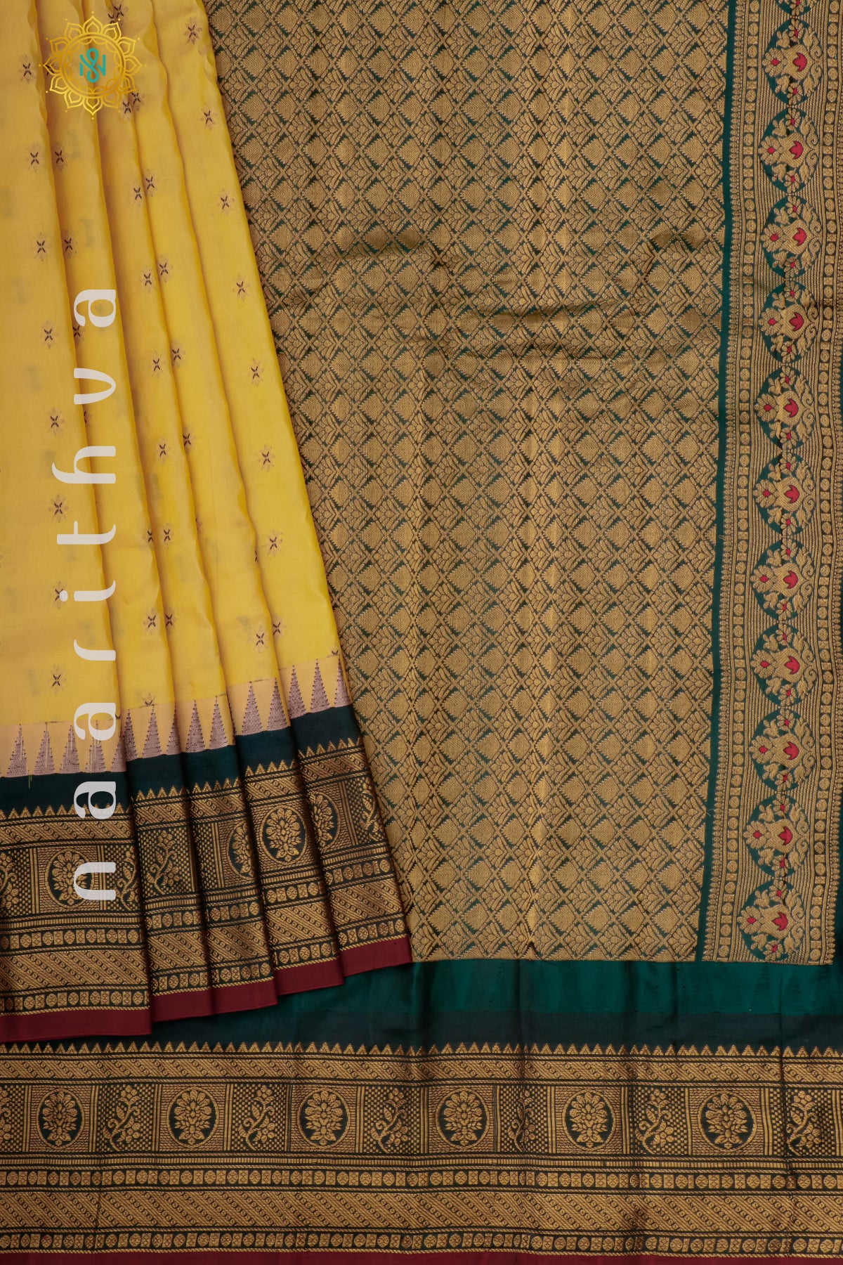 LIGHT YELLOW WITH BOTTLE GREEN - PURE GADWAL SILK