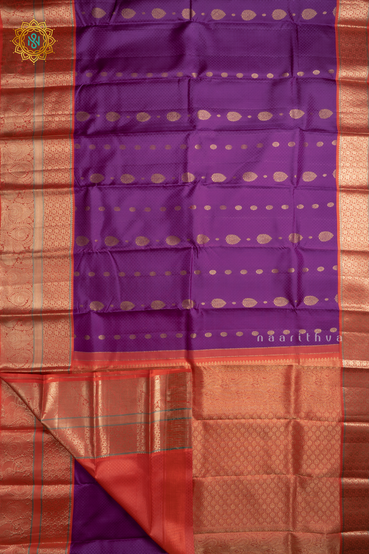 Purple with Peach Pure Kanjivaram Silk Saree with Zari Woven Buttas and Contrast Zari Border