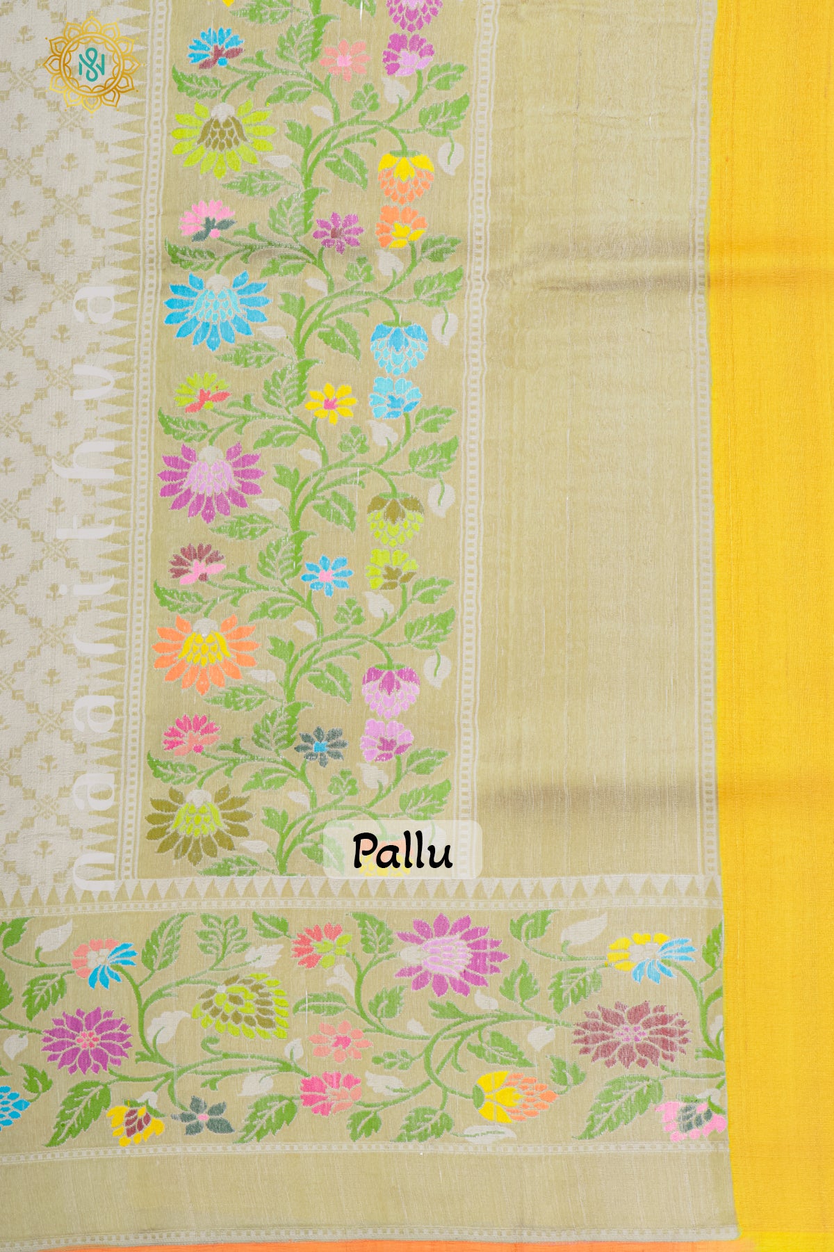 OFF WHITE WITH YELLOW - PURE HAND PAINTED TUSSAR GEORGETTE