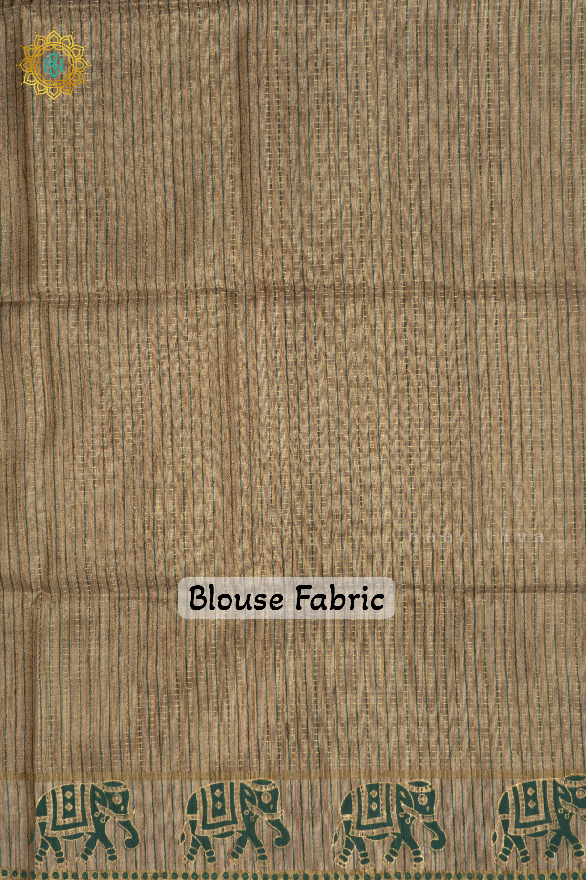Green With Beige Semi Tussar Silk Saree With Zari Stripes On The Body, Printed Border And Contrast Blouse