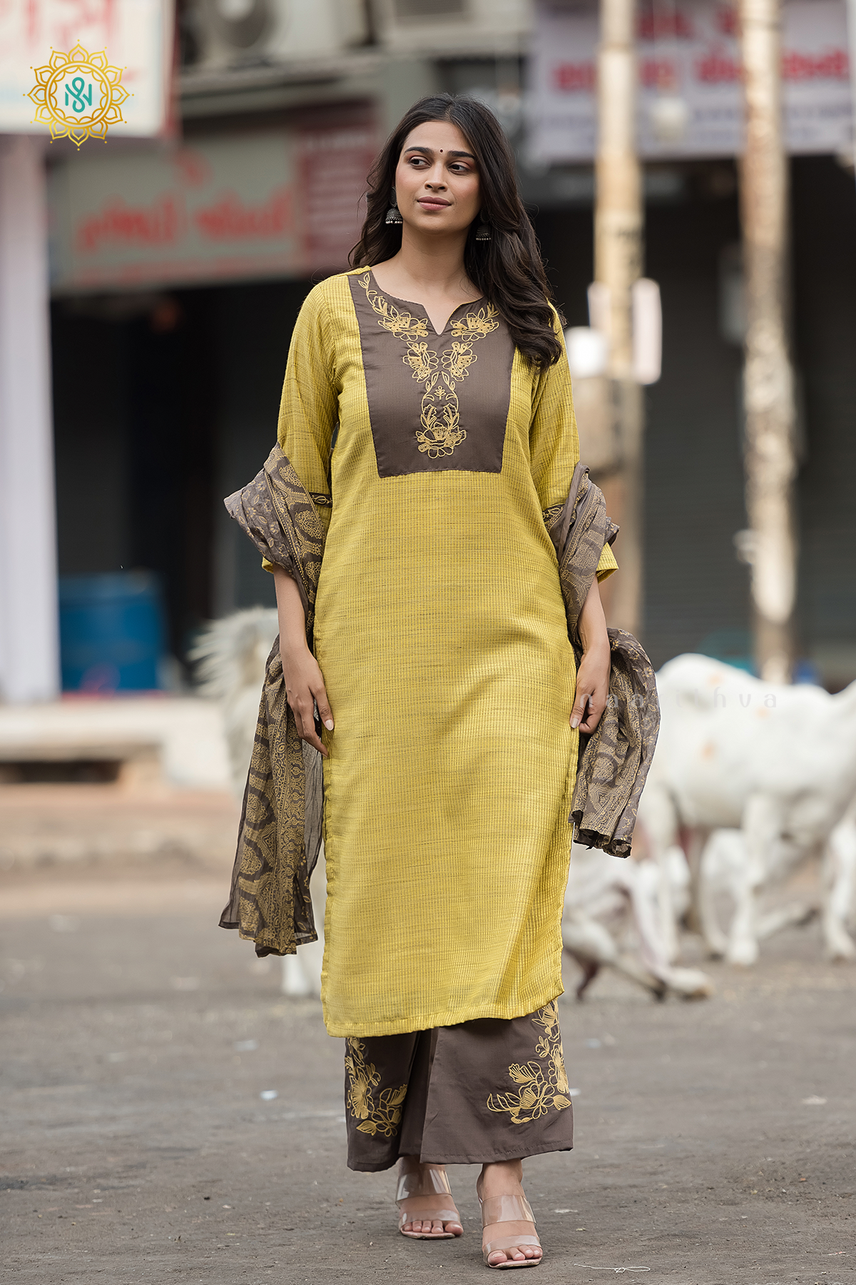 YELLOW WITH BROWN - LINEN BY COTTON 3PC SALWAR SUIT WITH TOP, BOTTOM & DUPATTA