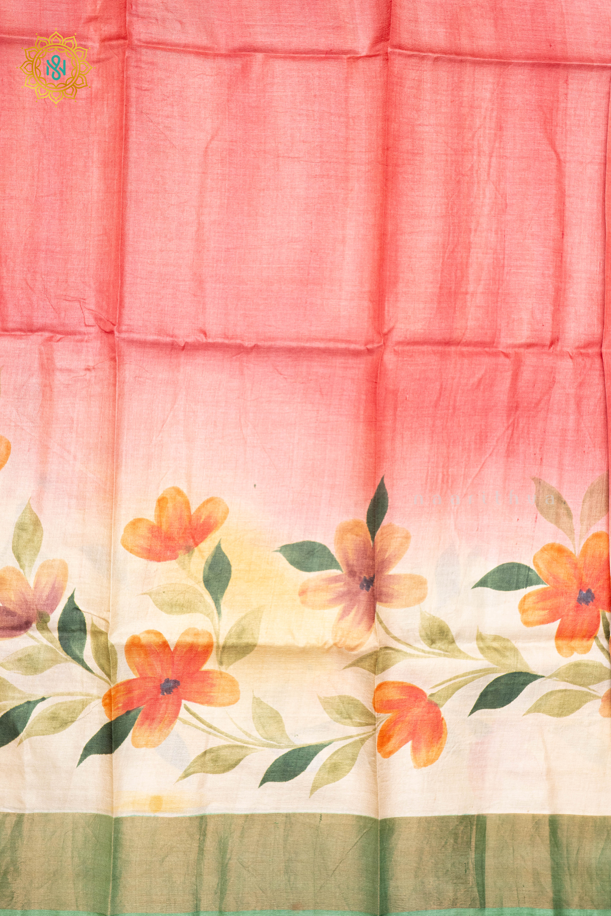 PEACH WITH SAGE GREEN - PURE TUSSAR SILK WITH HAND PAINTED