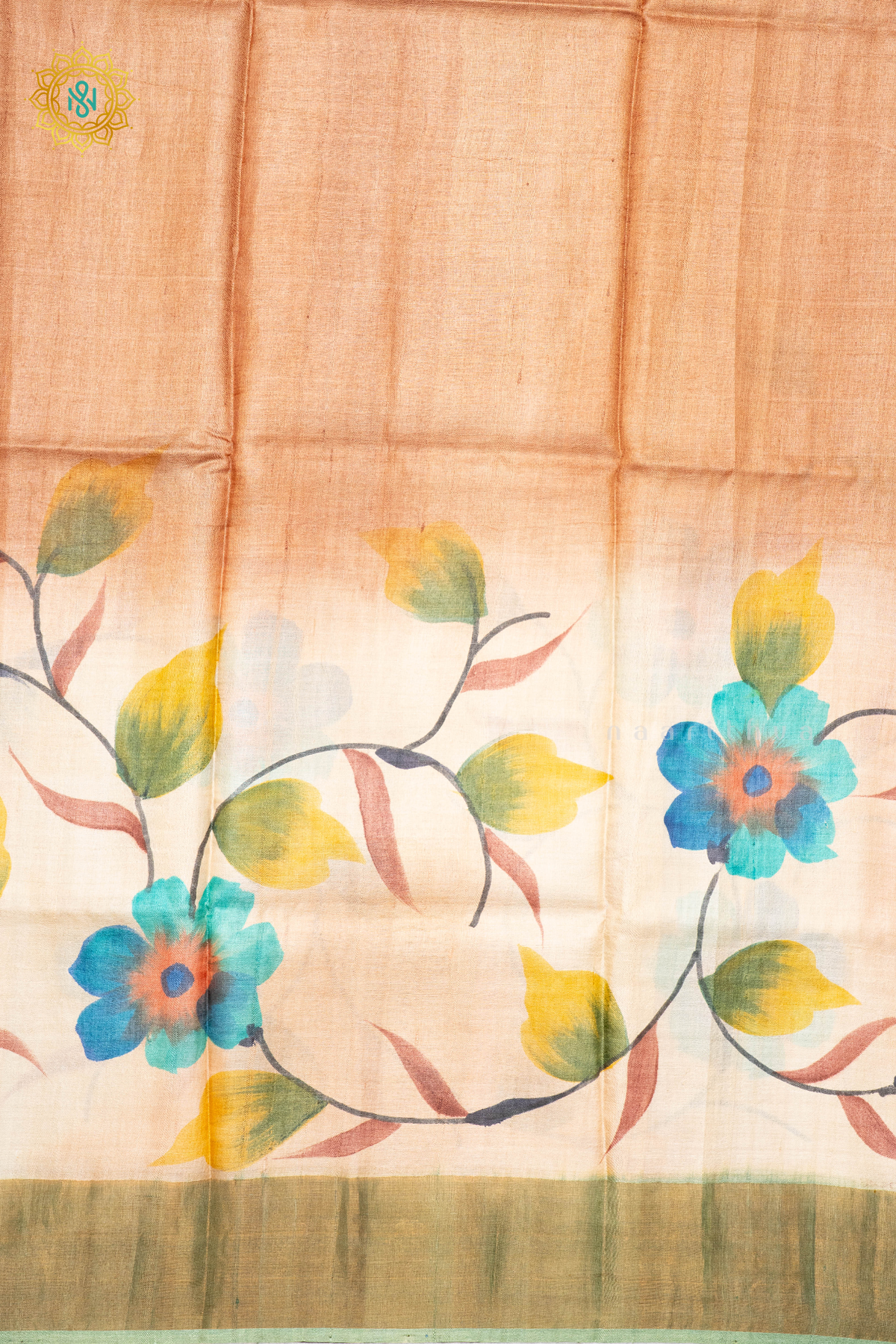 LIGHT BROWN WITH SAGE GREEN - PURE TUSSAR SILK WITH HAND PAINTED