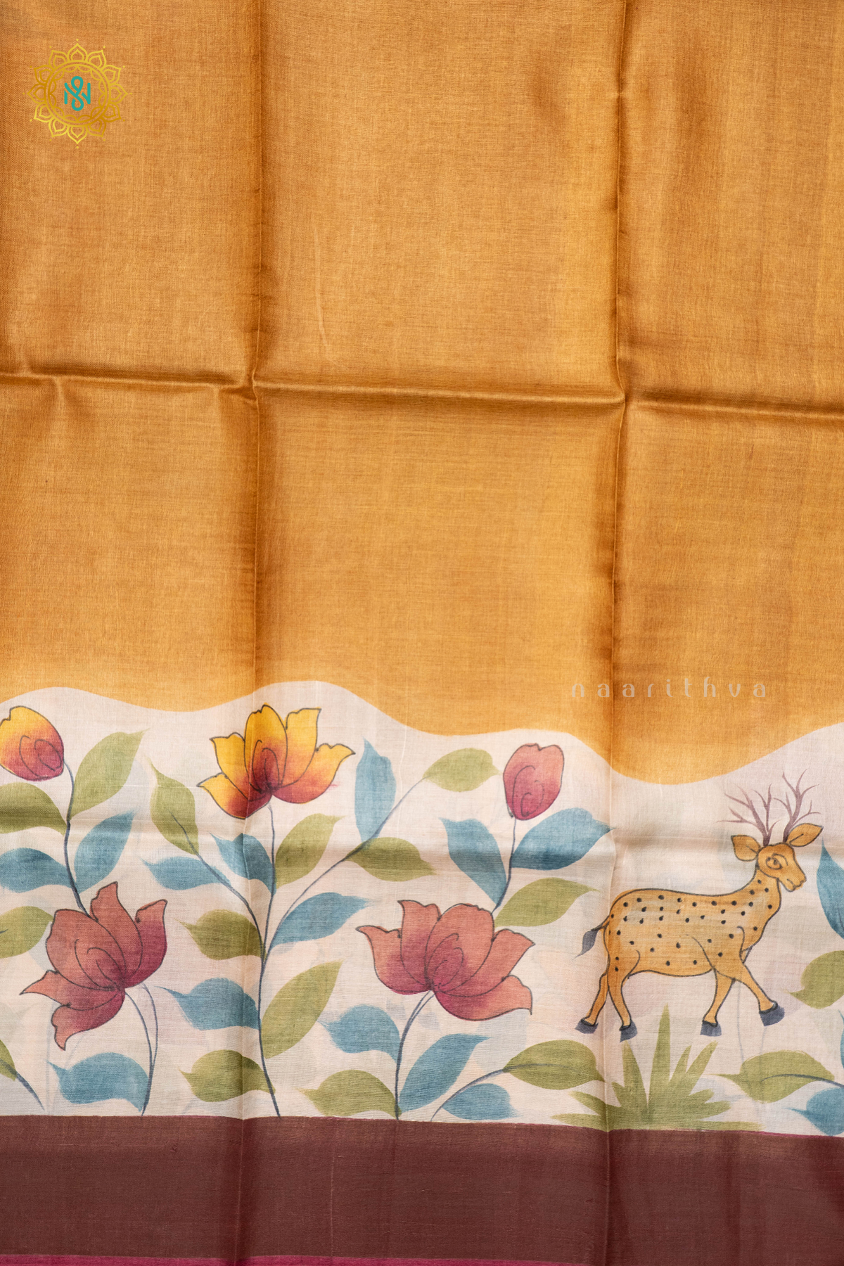 MUSTARD WITH PINK - PURE TUSSAR SILK WITH HAND PAINTED