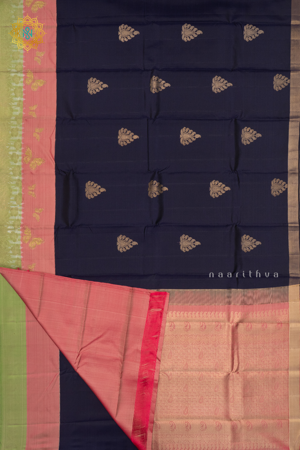 NAVY BLUE WITH LIGHT PINK & GREEN - PURE KANJIVARAM SILK