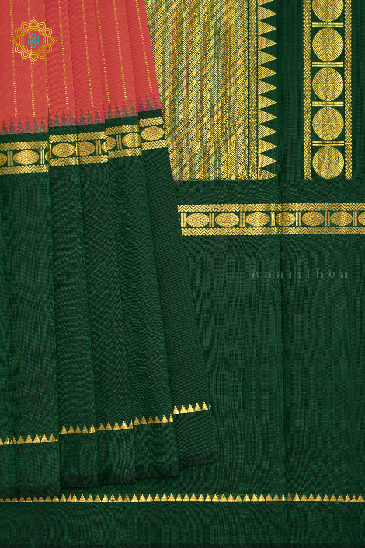 ORANGE WITH BOTTLE GREEN - PURE KANJIVARAM SILK