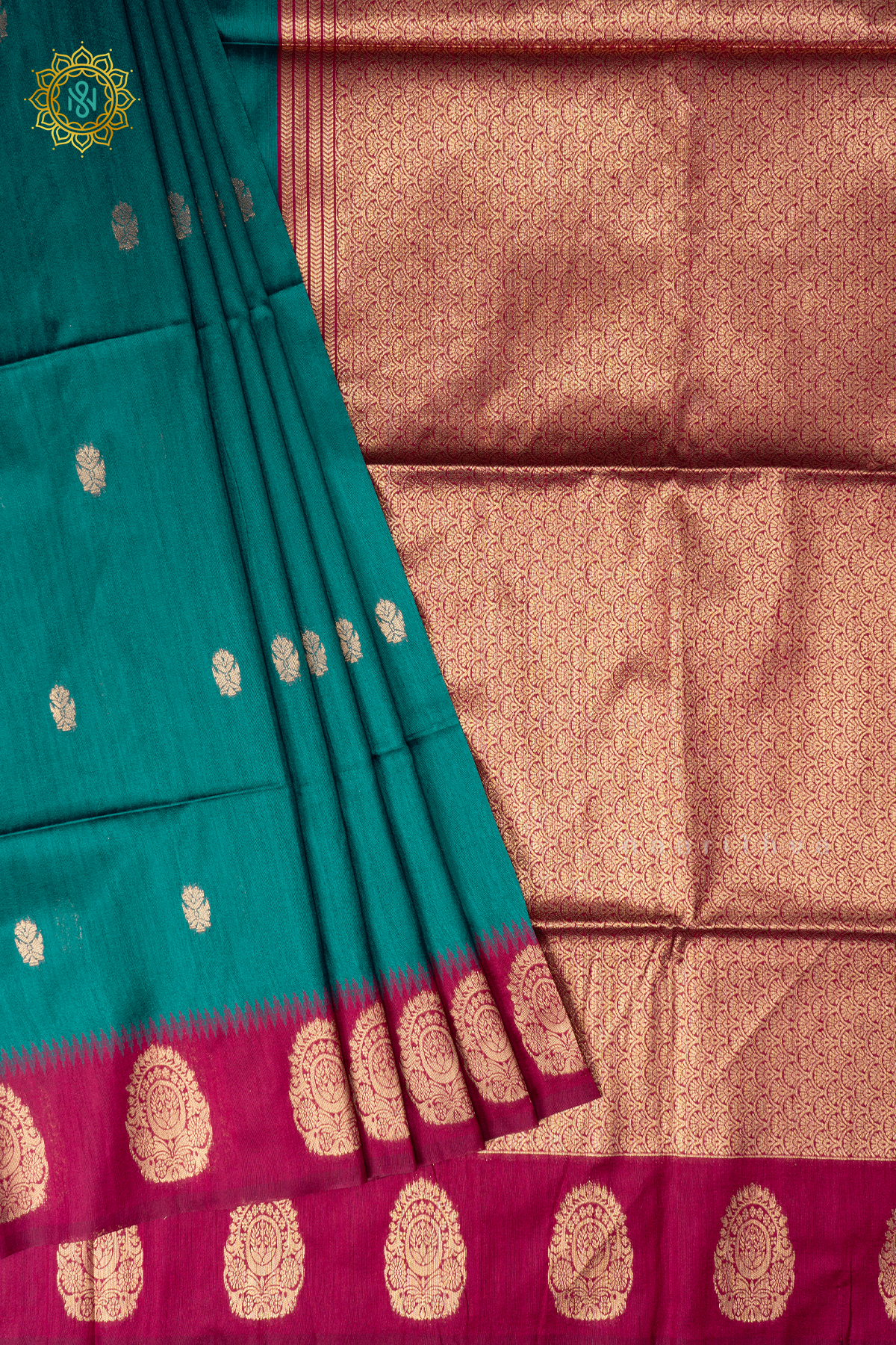 Peacock Green With Pink Semi Raw Silk Saree Zari Buttas On The Body With Contrast Zari Border & Pallu